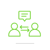 Graphic of two people exchanging a speech bubble, indicating communication or dialogue