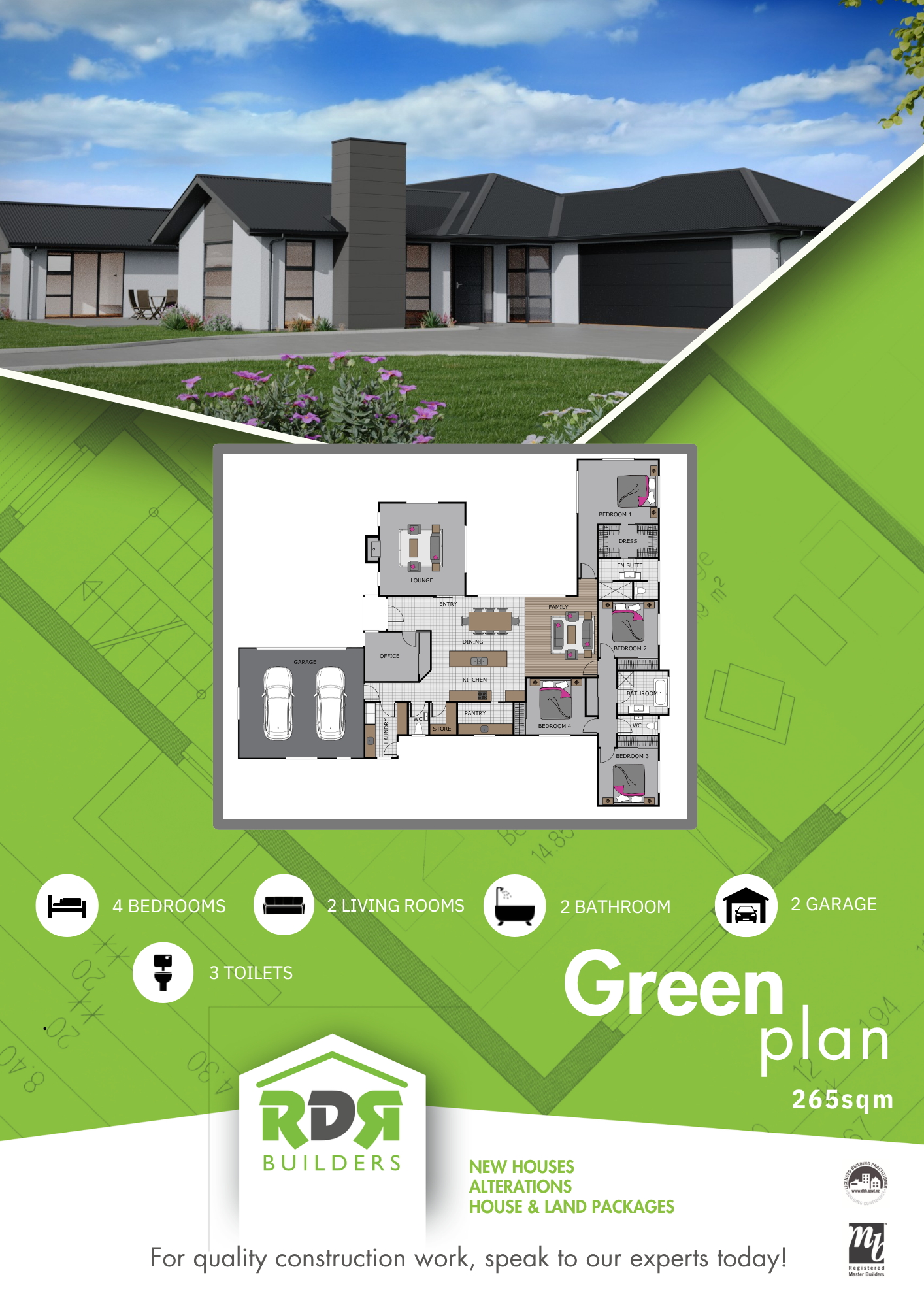 Illustration of a modern house exterior with green lawn and flower bed, with a floor plan of a house showing rooms and layout, and a green branding banner for RDR Builders promoting new houses, land packages, and renovations.