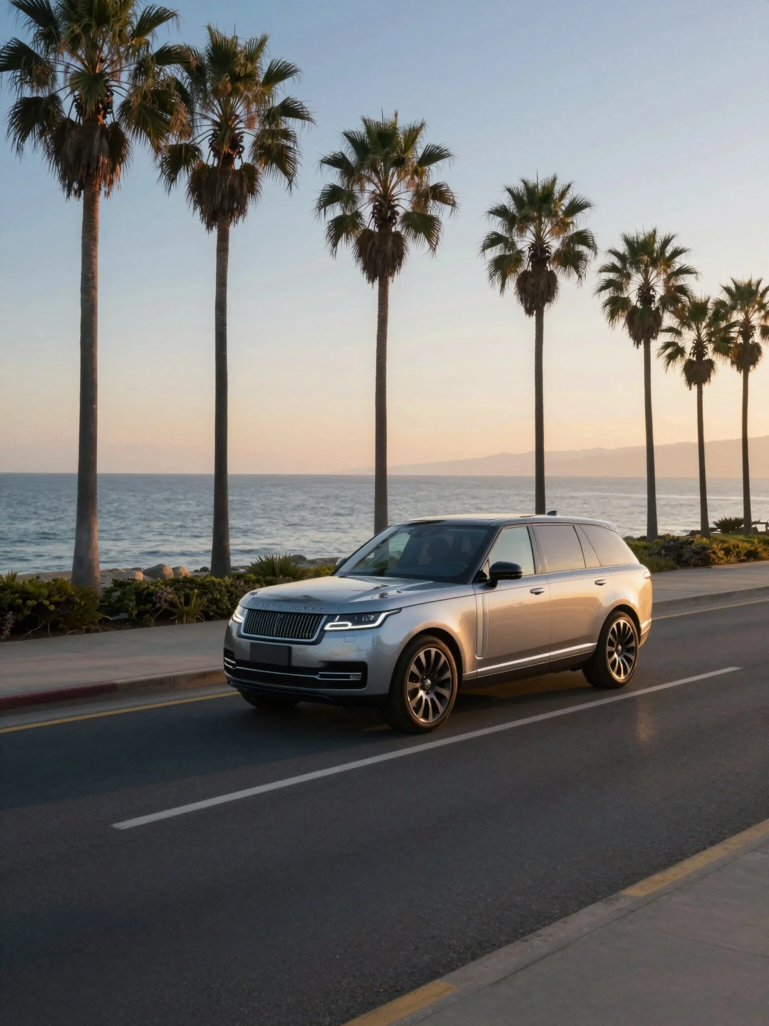 A silver SUV parked on a seaside street with seven palm trees lining the road and an ocean view in the background during sunset.