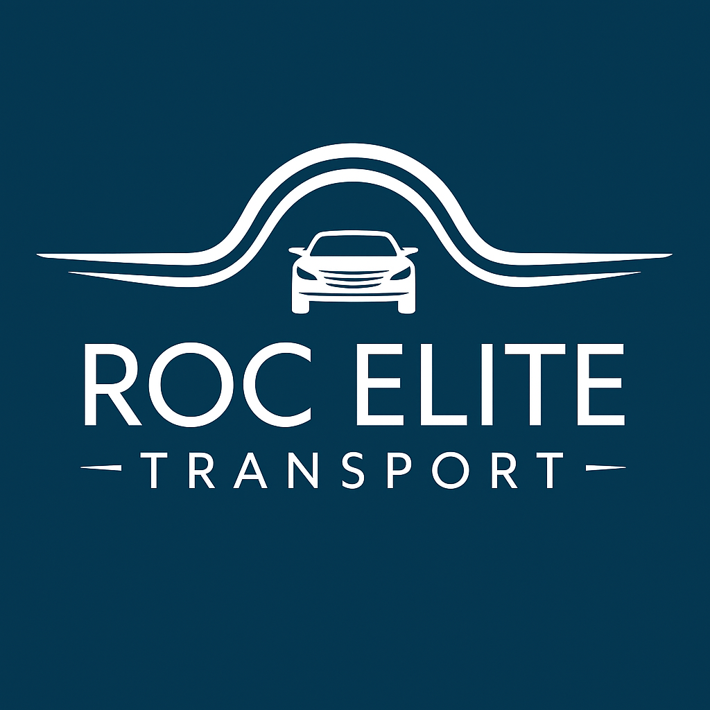 Logo for Roc Elite Transport featuring a stylized car and road graphic.