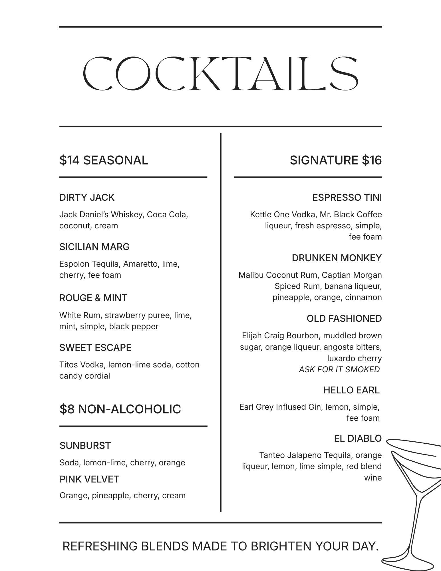 A menu for cocktail drinks with prices listed, featuring options like Dirty Jack, Sicilian Marg, Rouge & Mint, Sweet Escape, Sunburst, Pink Velvet, and others. The menu includes descriptions of ingredients for each drink and a decorative outline of a cocktail glass on the right side.