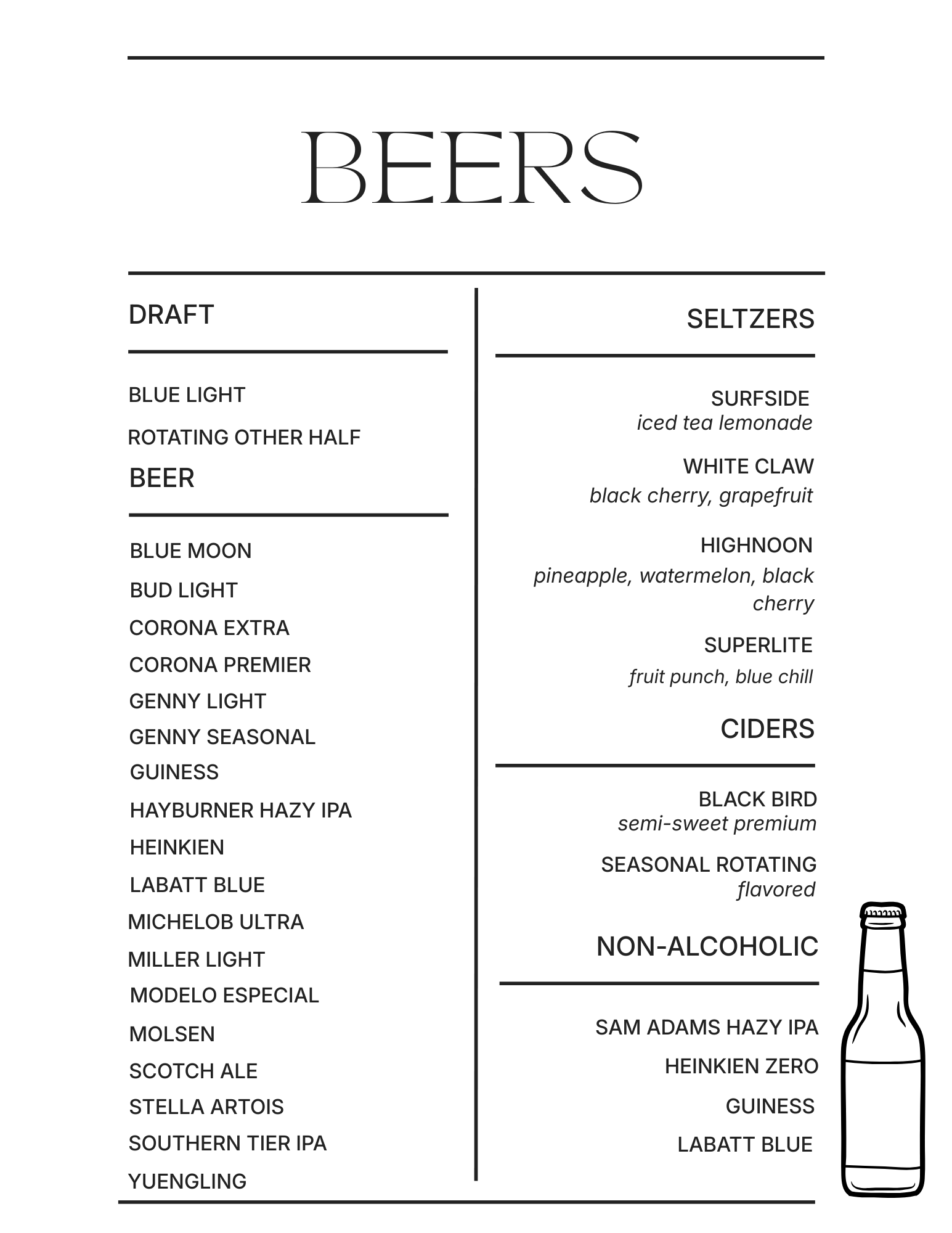 A menu list of beers divided into draft and seltzers categories, with various beer names and descriptions, alongside a drawing of a beer bottle.