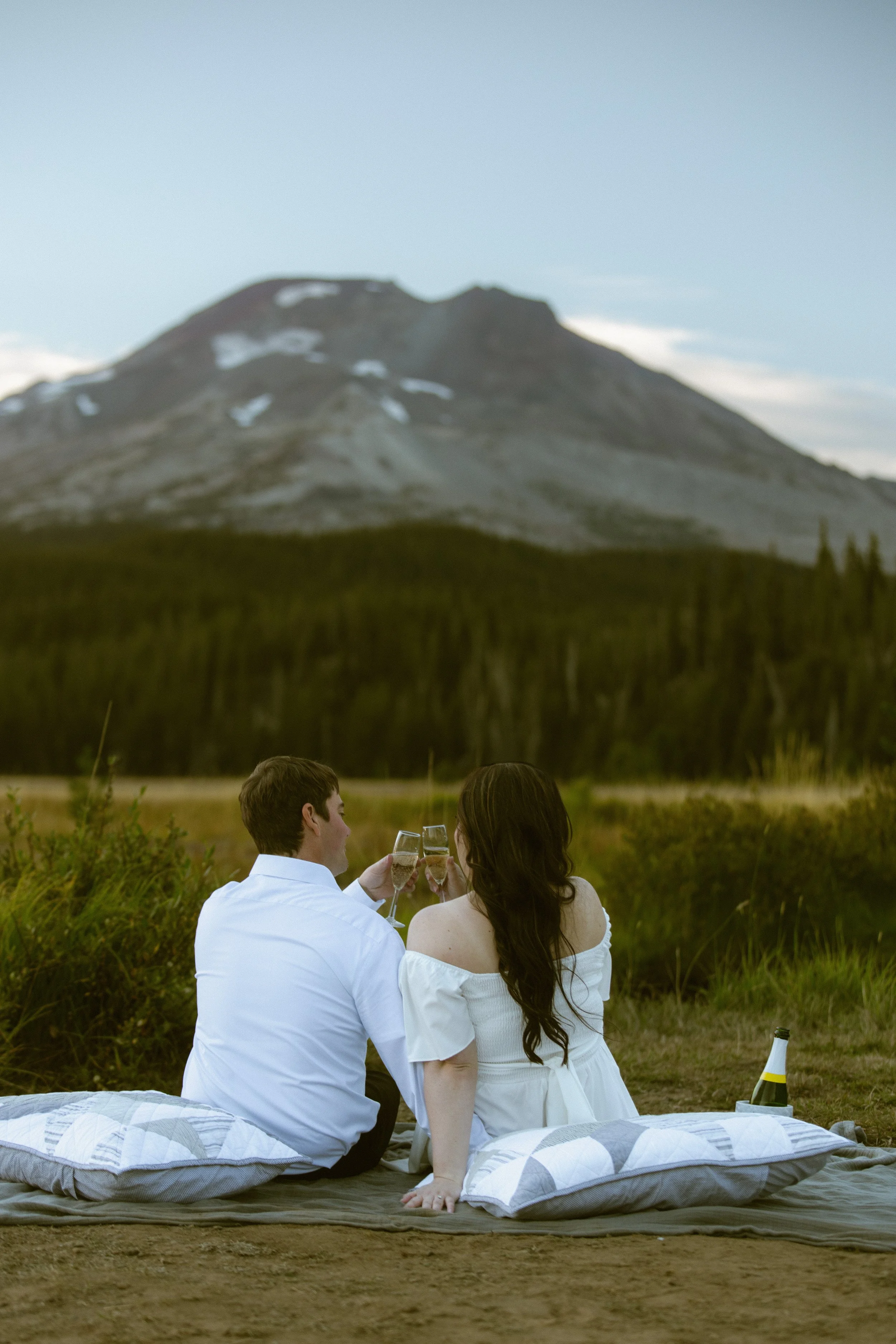A couple having a romantic picnic outdoors with a mountain in the background, sitting on a blanket and toasting glasses of champagne.