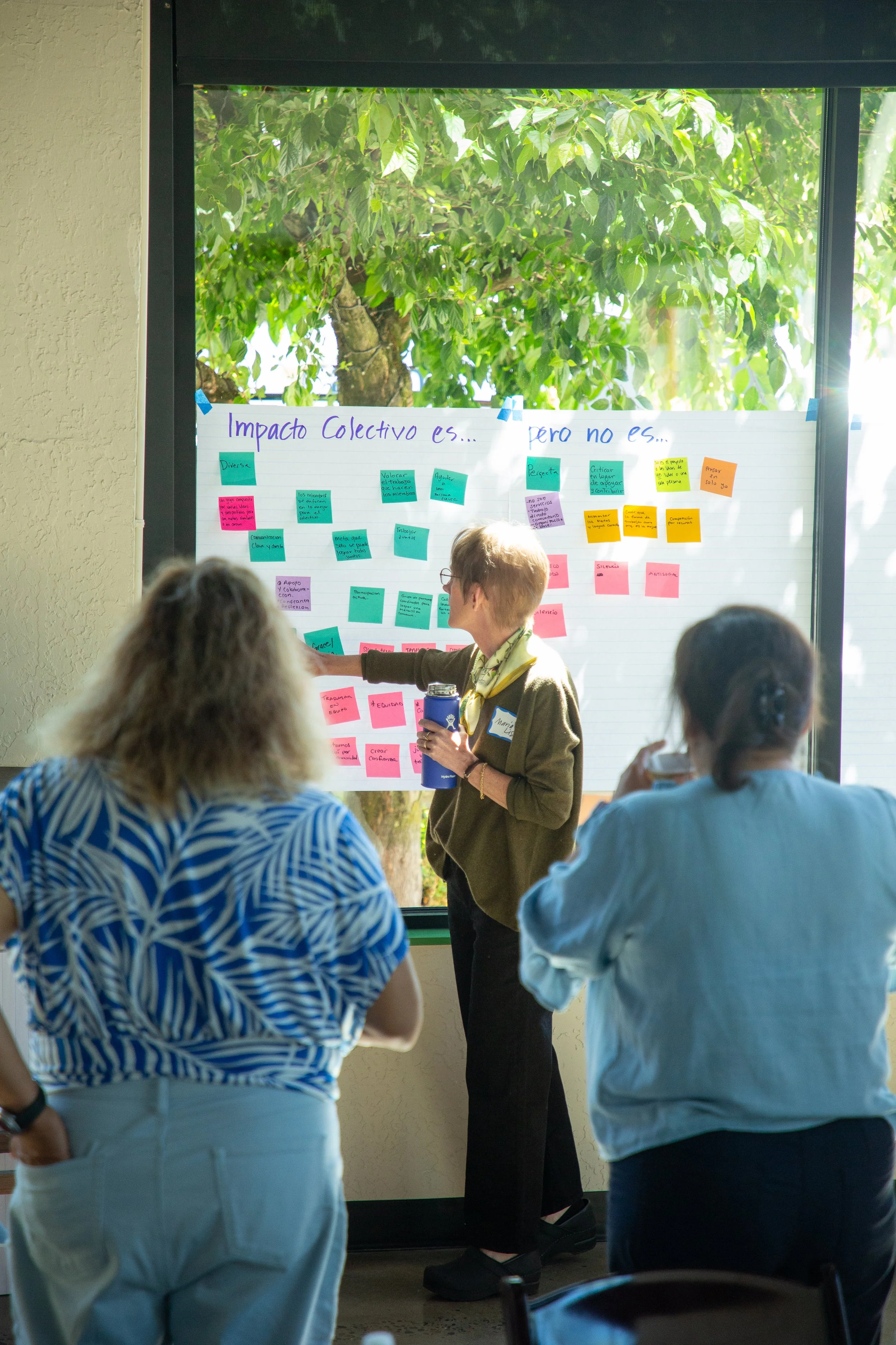 A woman giving a presentation or leading a discussion in front of a large poster with colorful sticky notes, in a room with a large window showing trees outside. Several people are seated, facing the woman and the poster.