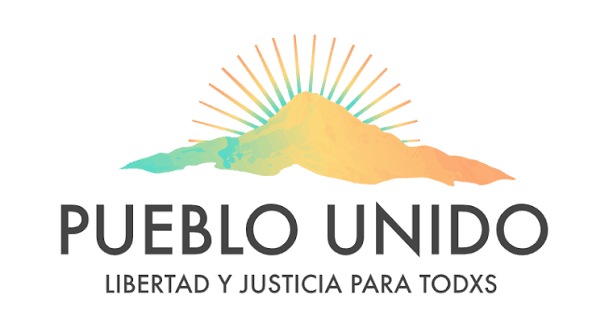 Logo with a stylized mountain and sun rays, featuring the text "Pueblo Unido" and the phrase "Libertad y Justicia para Todxs".