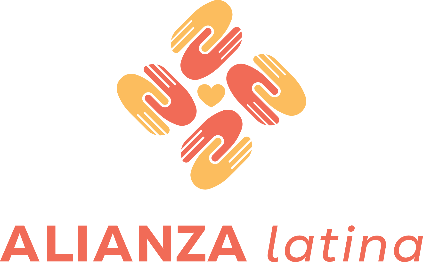 A logo with five stylized hands forming a circle, with a small heart in the center, and the text "ALIANZA Latina" below, using warm colors like yellow, orange, and red.