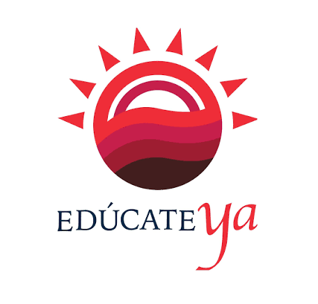Logo featuring a stylized sun with rays and a layered circular base in red, pink, and black, with the text 'EDÚCATE ya' underneath.