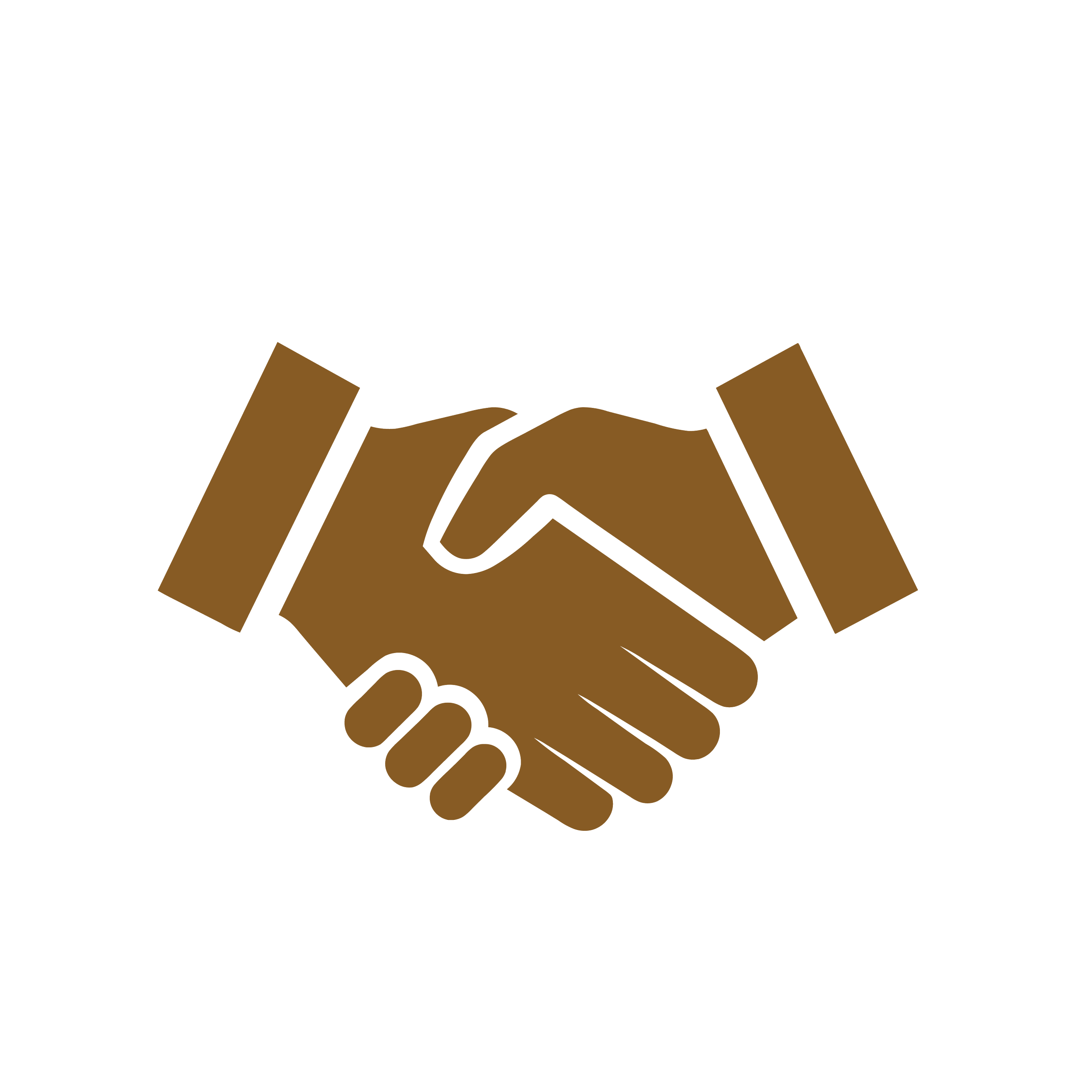 Illustration of two brown hands shaking in agreement or partnership, with black outlines and a black background.