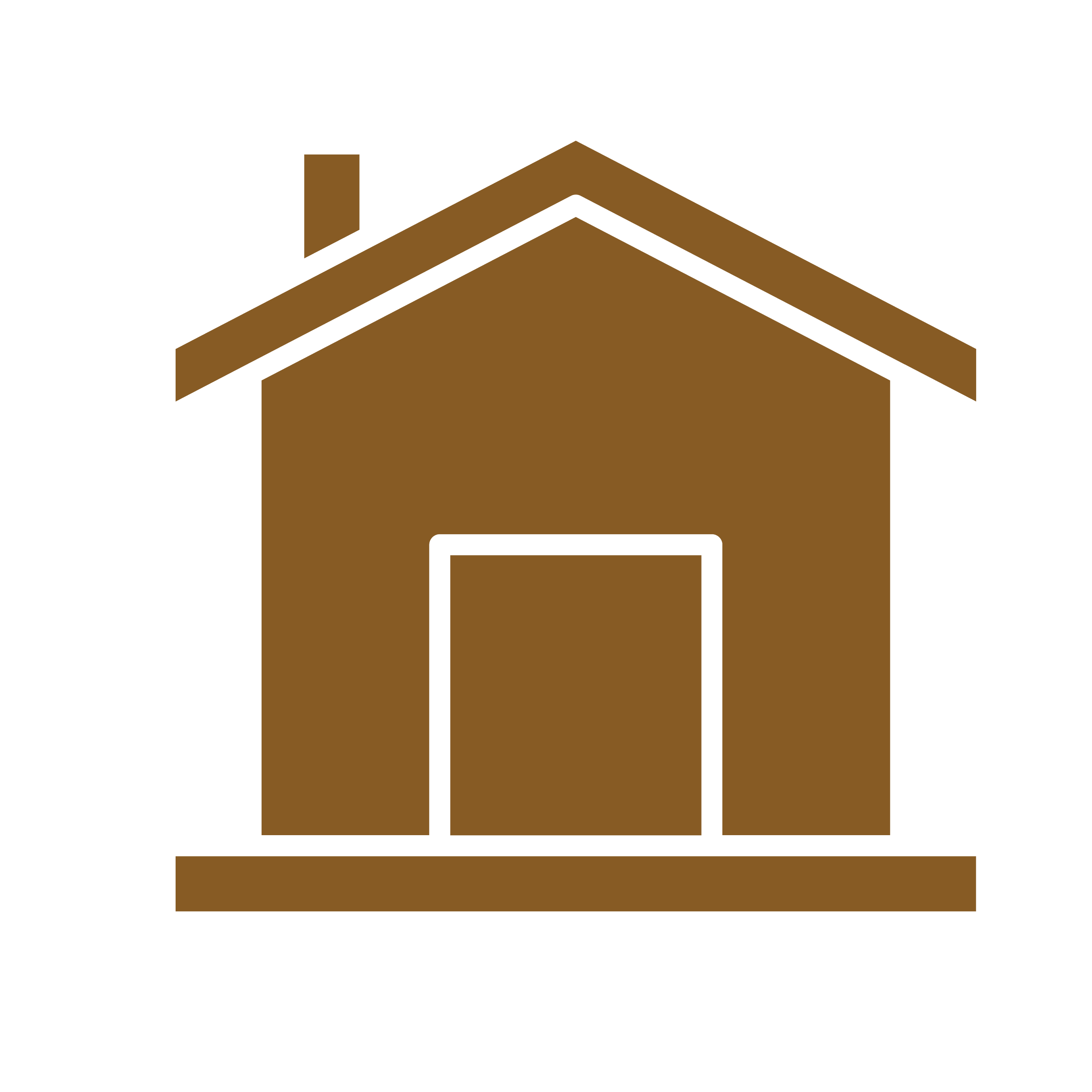 A stylized graphic of a house with a brown roof and walls, and a chimney, set against a black background.