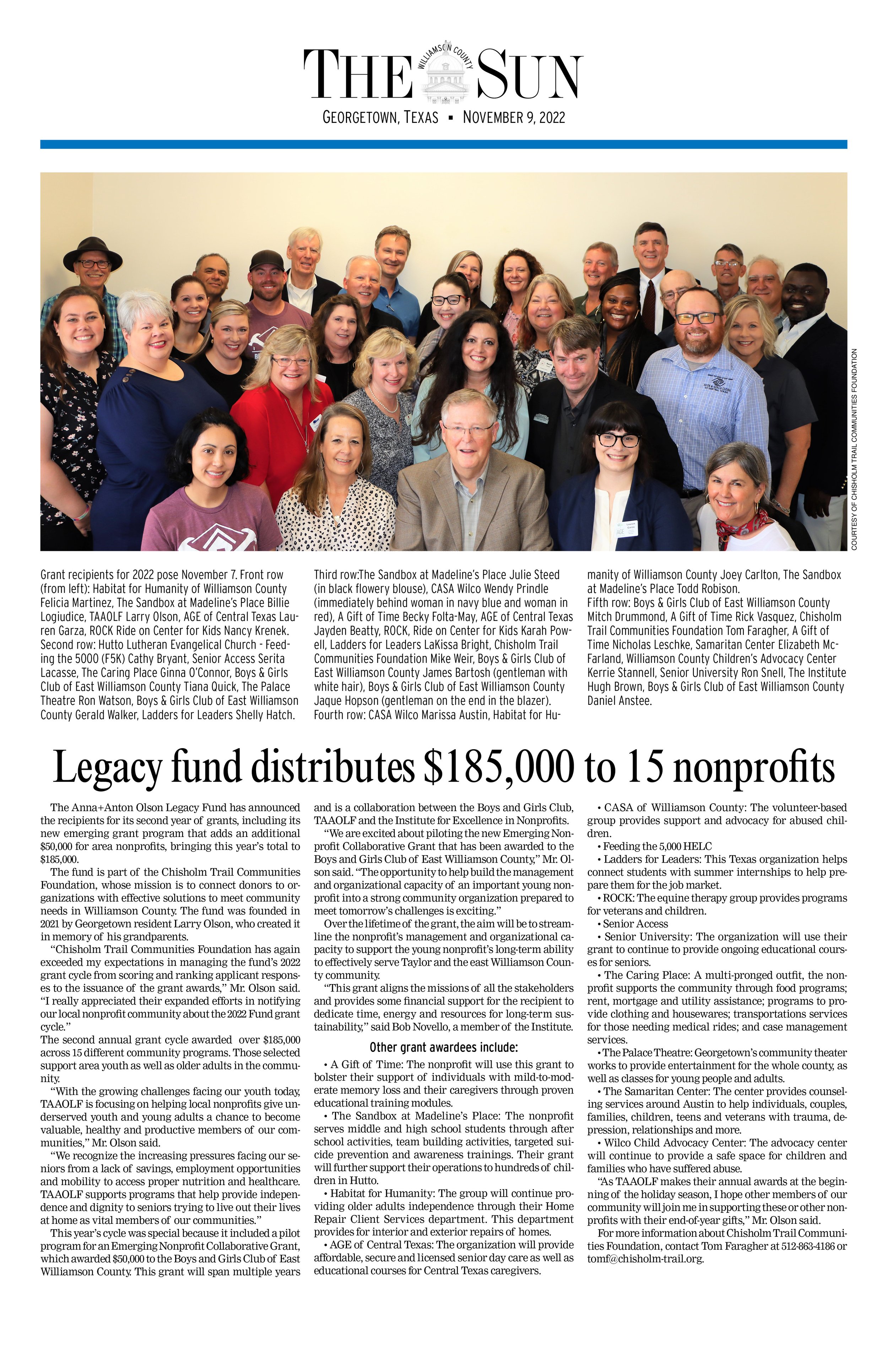 Front page of The Sun newspaper from Georgetown, Texas, dated November 9, 2022, featuring a group photo of diverse community members and leaders gathered together.