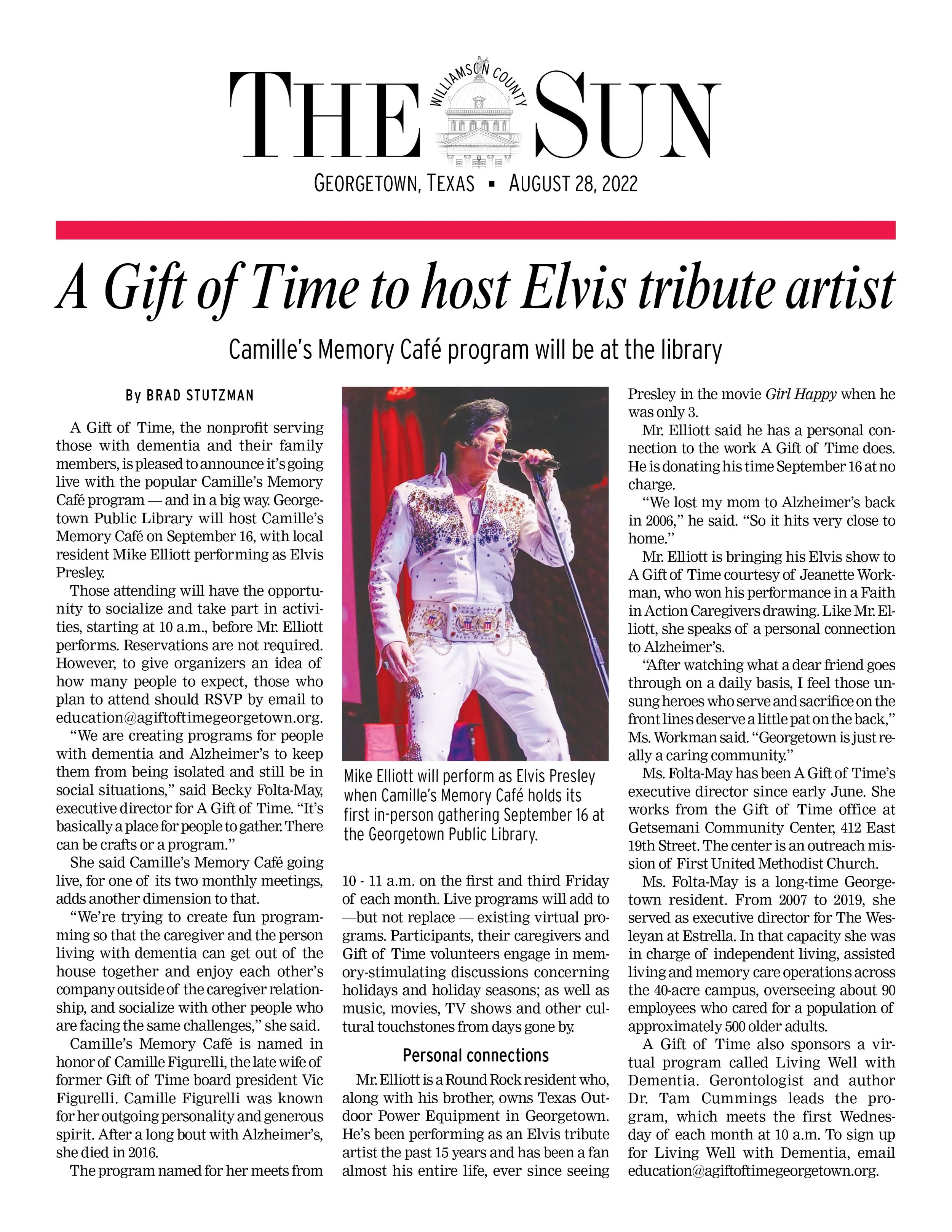 Front page of a newspaper titled 'The Sun,' dated August 28, 2022, featuring an article about a tribute artist performing as Elvis Presley at Georgetown Library's Memory Café program, with a photo of Elvis tribute artist in a white jumpsuit with floral designs, singing into a microphone.