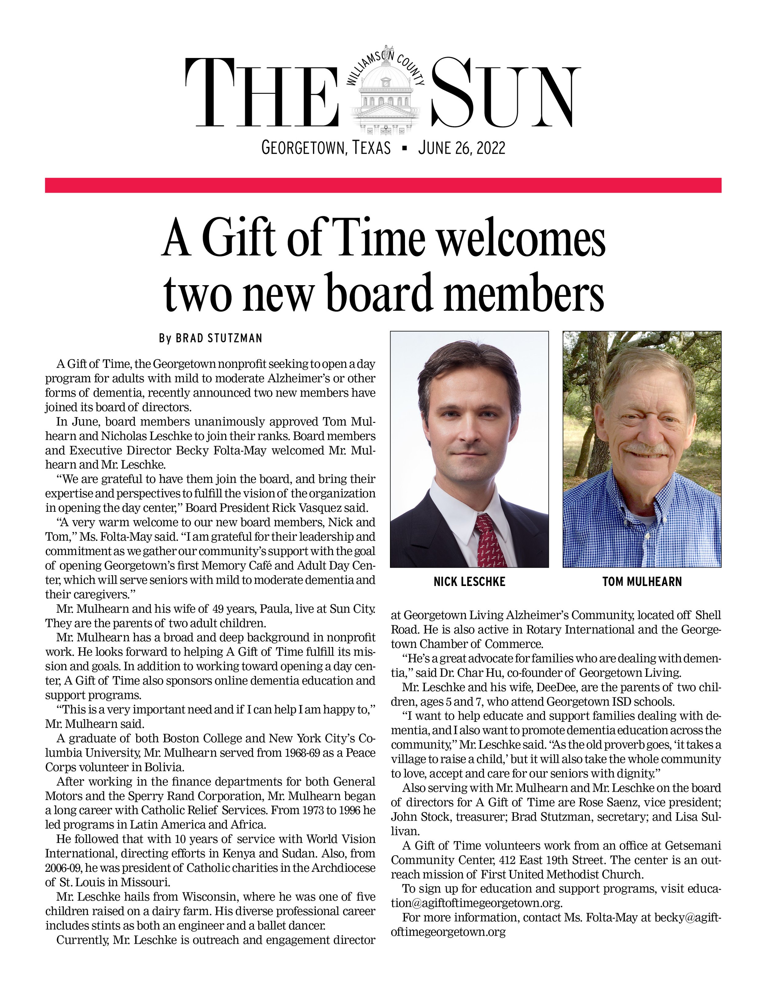 Newspaper article from The Sun, Georgetown, Texas, dated June 26, 2022, featuring an announcement about two new board members for A Gift of Time, with photos of Nick Leschke and Tom Mulhearn.