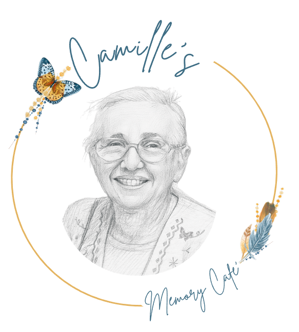A sketch of a smiling elderly woman with glasses, surrounded by a gold circular border. There are butterflies and feathers as decorative elements, with handwritten-style text that reads 'Jamiile's' and 'Memory of'.