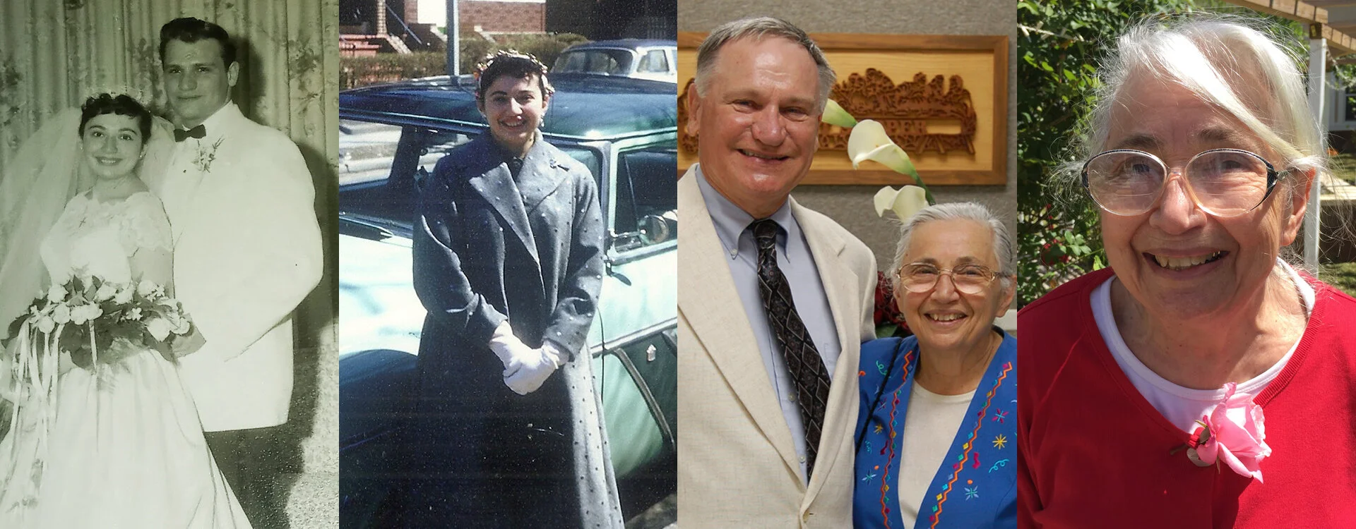 A photo collage showing connected images of the same woman at different life stages: on her wedding day, in her earlier years standing by a vintage car, with her husband and she on a special occasion, and as an elderly woman smiling outdoors.