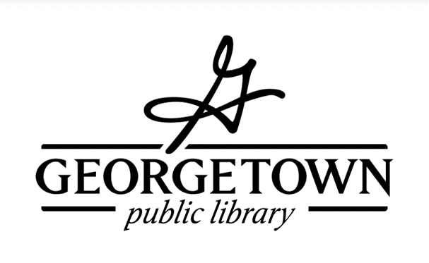 Stylized logo of Georgetown Public Library with an abstract 'G' symbol above the name.