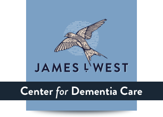 A logo for James L. West Center for Dementia Care featuring a flying bird against a blue background.