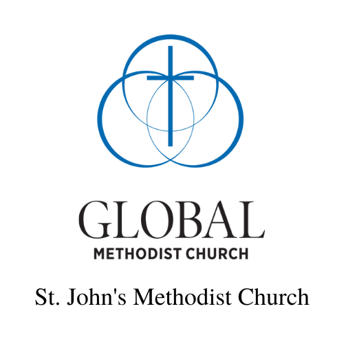 Logo of the Global Methodist Church with a blue cross and overlapping circles, and text that reads 'Global Methodist Church' and 'St. John’s Methodist Church'.