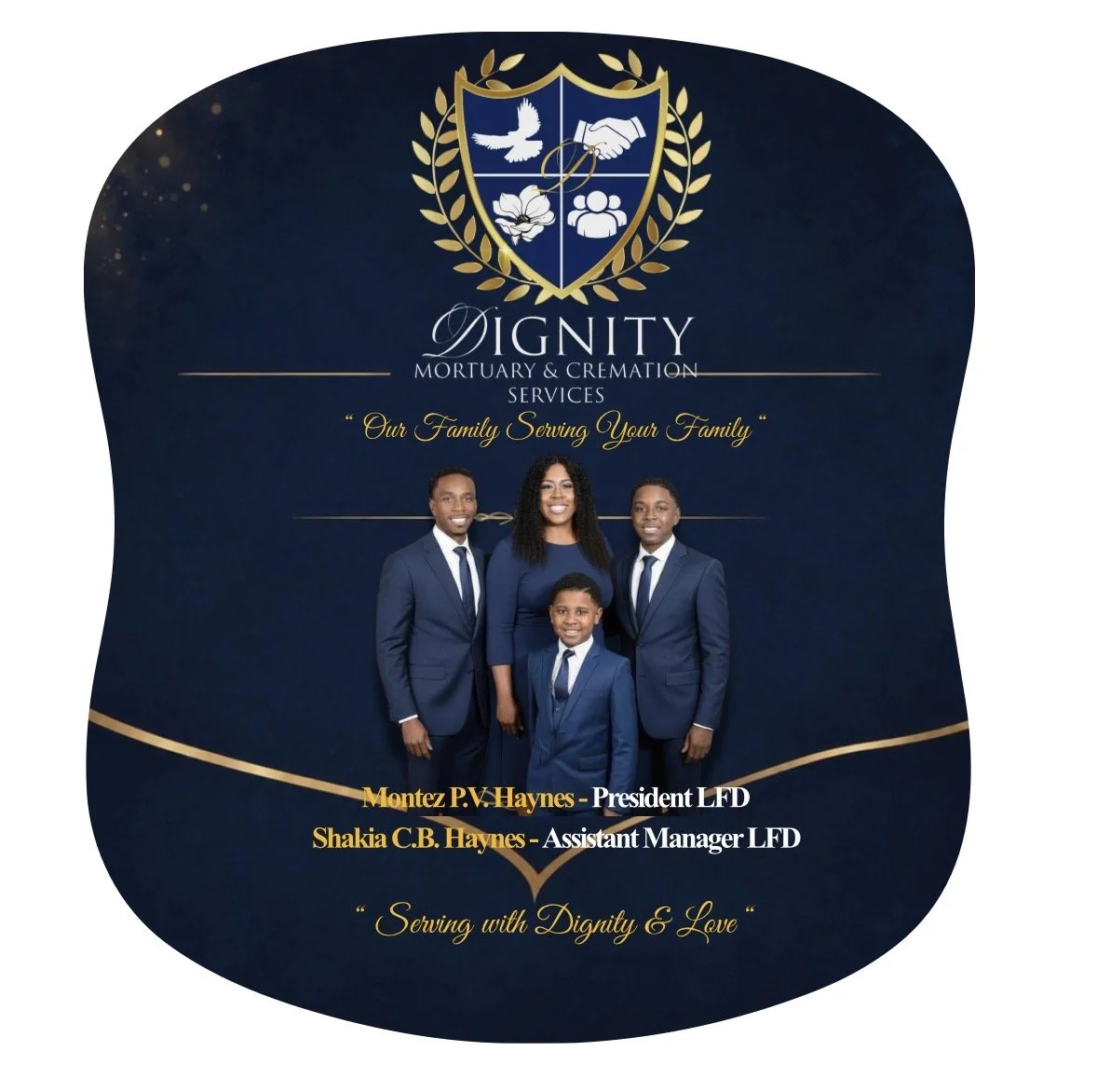 A promotional image for Dignity Mortuary & Cremation Services featuring a family of four in formal suits standing against a dark blue background. The company logo with a shield and symbols of a dove, handshake, and flowers is at the top. The tagline 