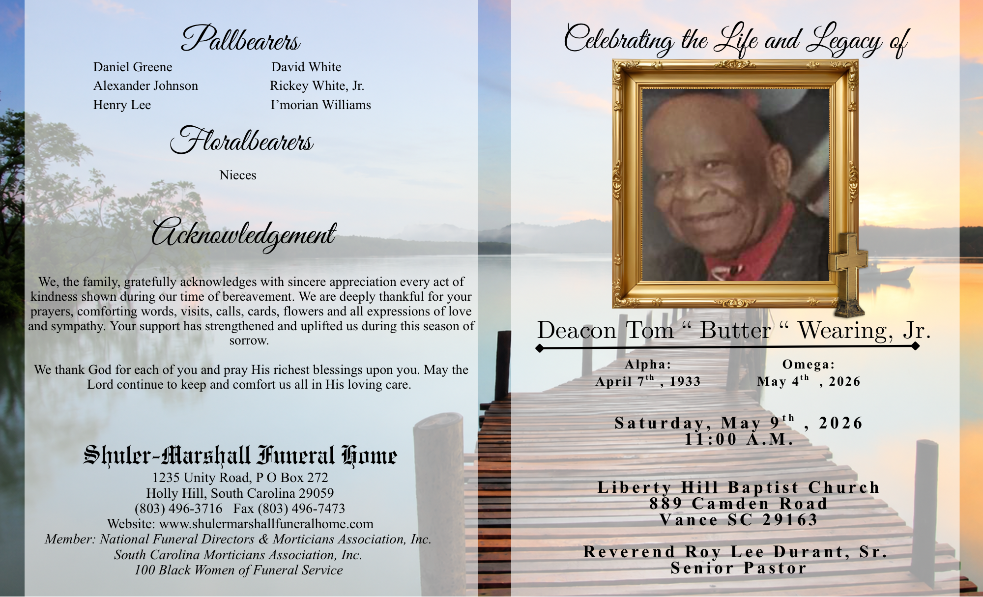Funeral invitation featuring a background of a dock extending over water at sunset, a framed photo of an elderly man, and text describing the funeral details and personal acknowledgements.
