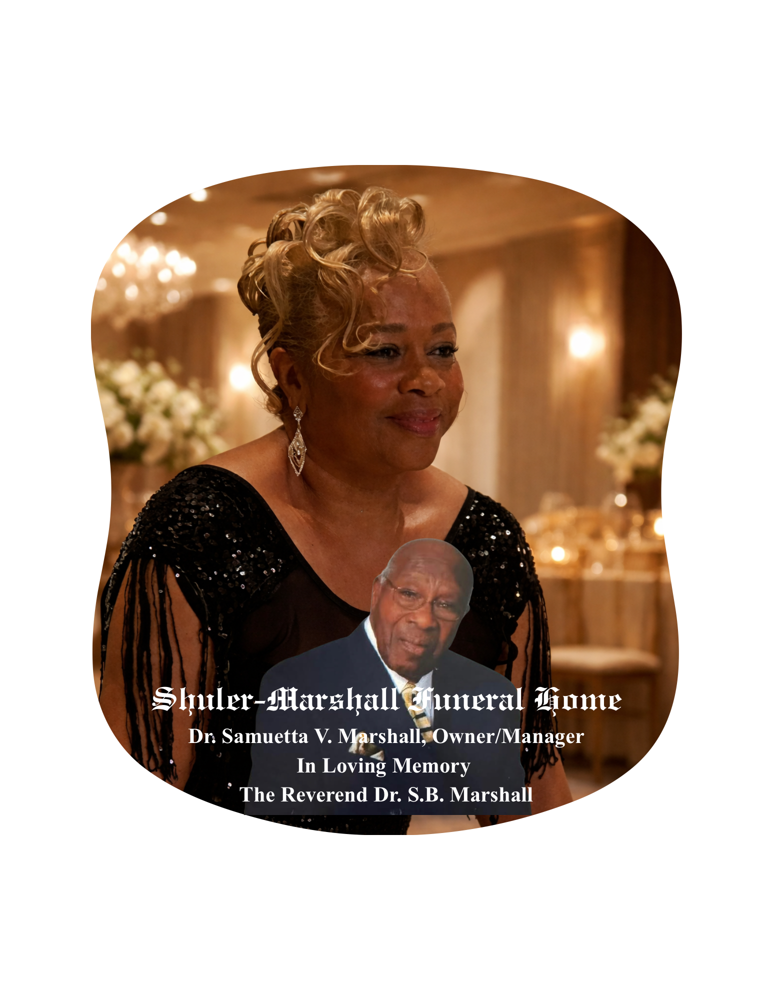 Memorial program with a photo of a woman with short blond hair wearing a black dress, set in a banquet hall with warm lighting and floral decorations. The program title is 'Shuler-Marshall Funeral Home' and it features In Loving Memory of Dr. Samuelt