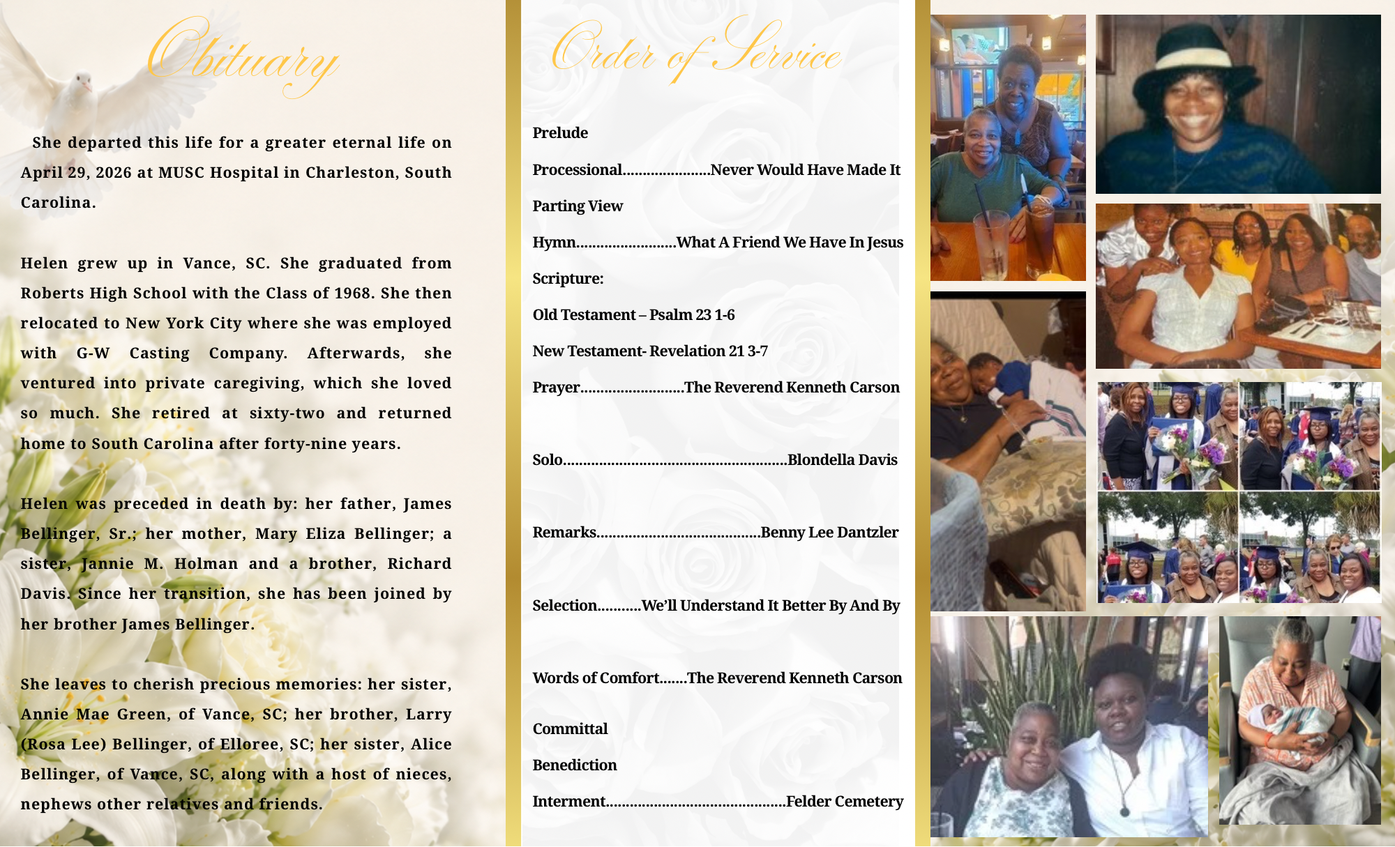 Collage of photographs on the right side of a woman at a graduation ceremony, a group of women at a restaurant, and a woman at a memorial service. The left side contains a funeral program and a white dove with outstretched wings.