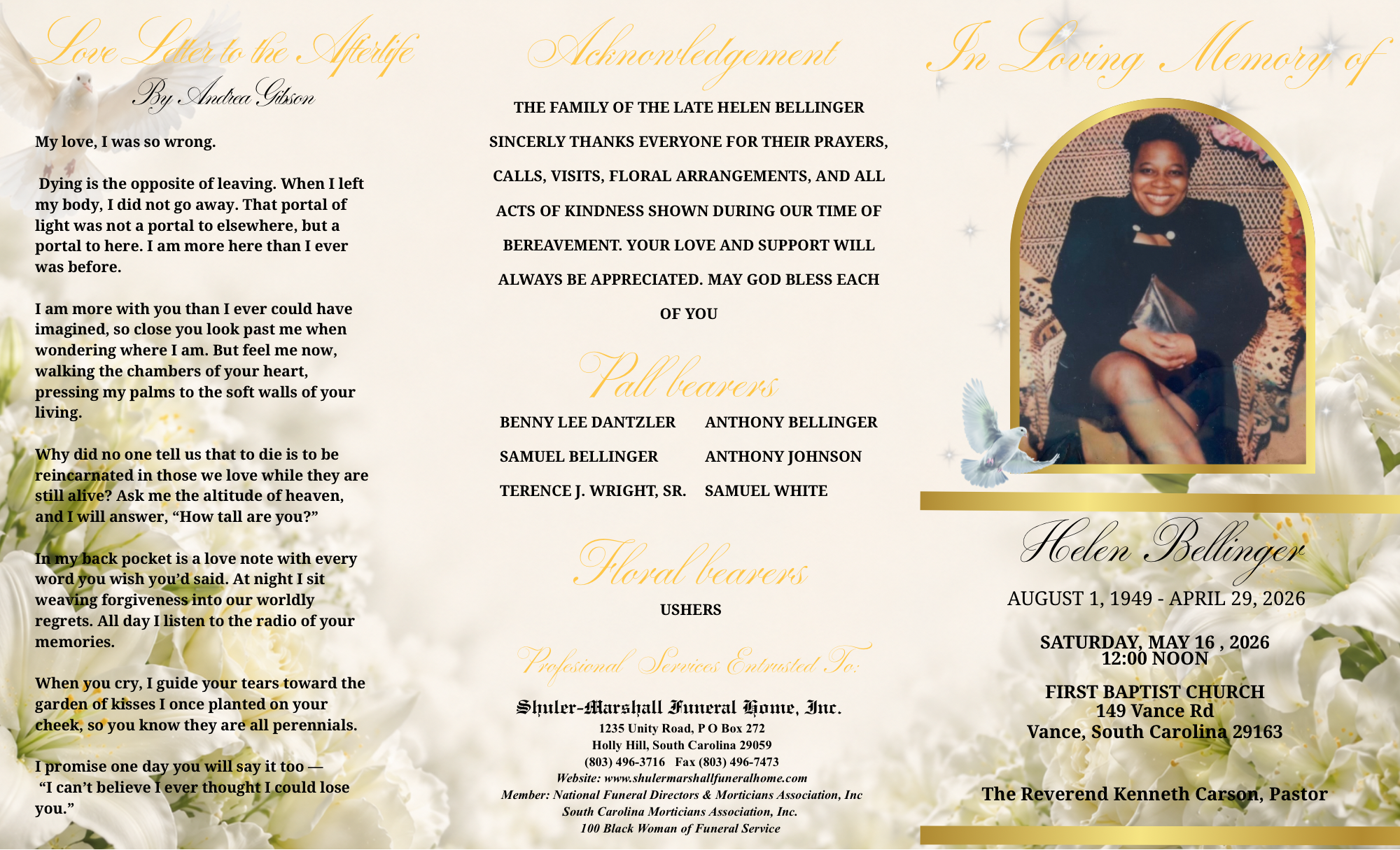 Memorial program for Helen Bellinger with a photo of her smiling woman in a black outfit, floral and dove decorations, and gold accents.
