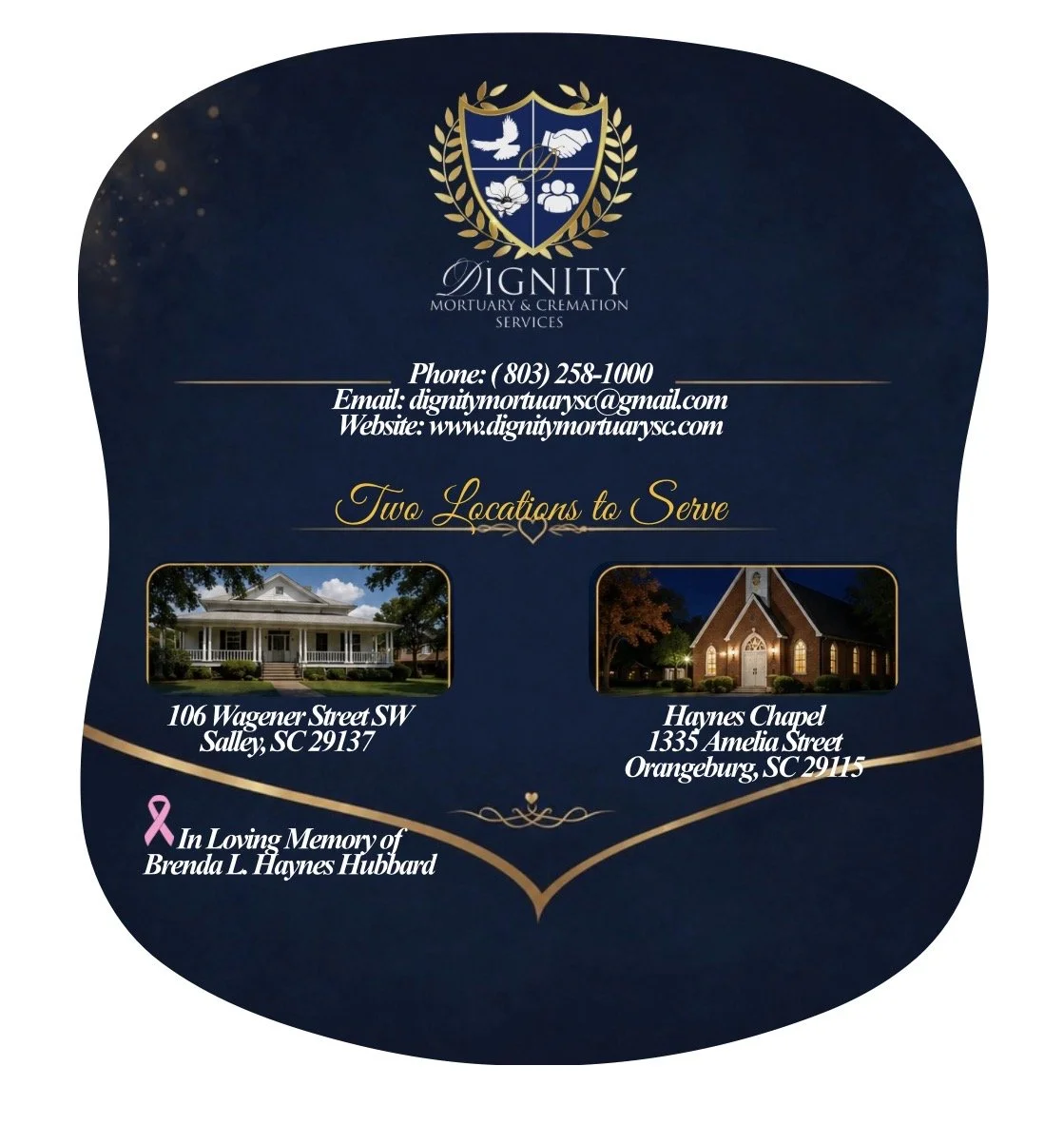 Business card for Dignity Mortuary & Cremation Services with contact information, two locations, and a pink memorial ribbon symbol.