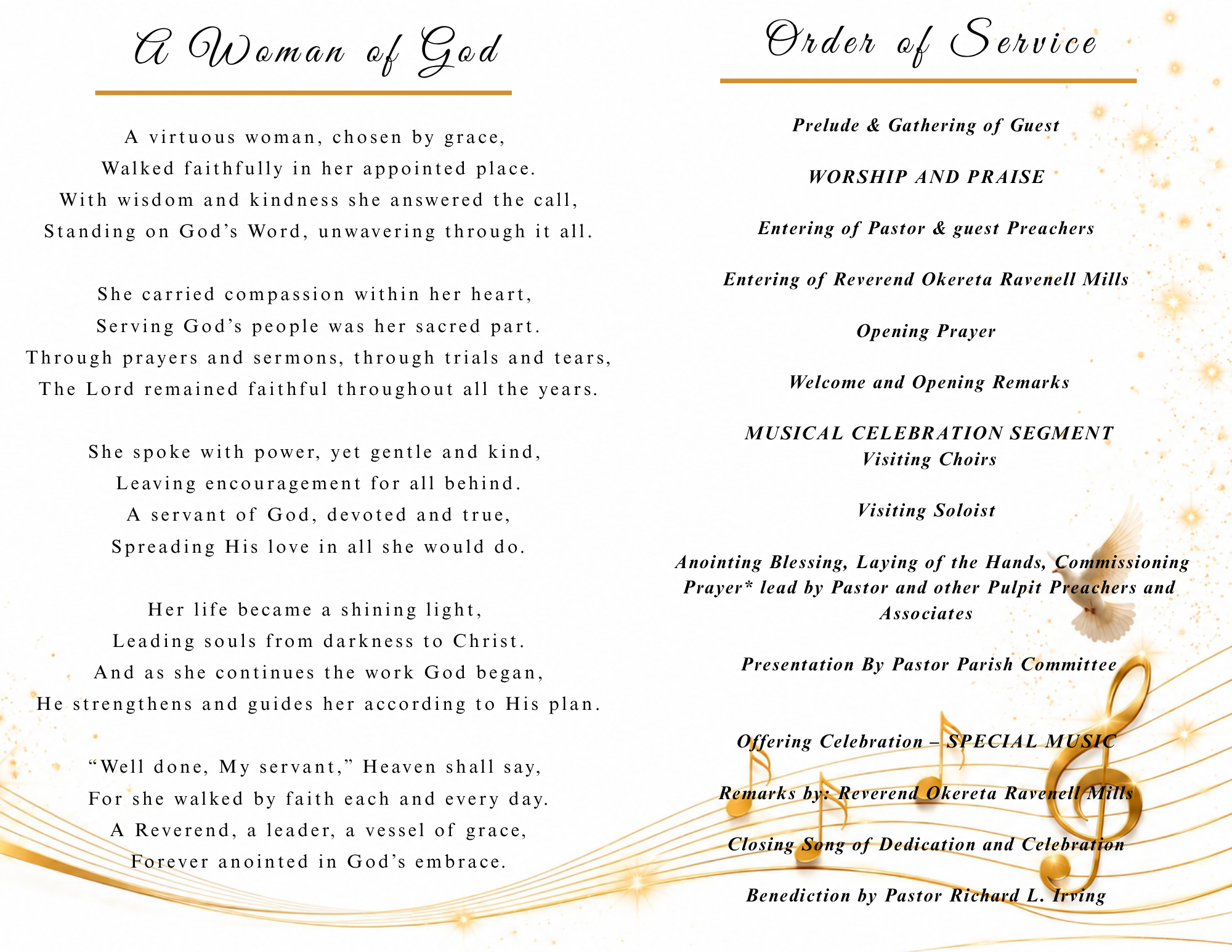 A church bulletin with the title 'A Woman of God' and a service order including preludes, worship, prayers, and music segment, decorated with gold musical notes and sparkles on a white background.
