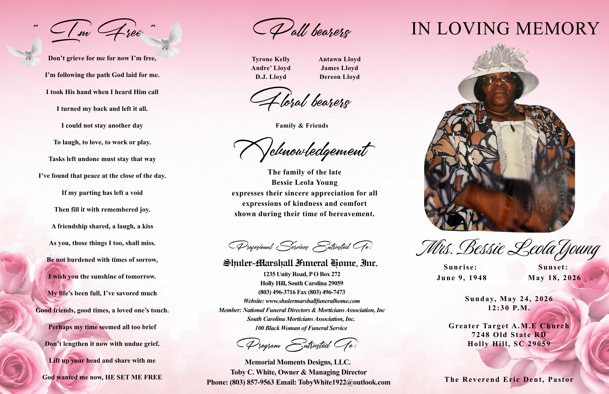 A memorial program for Bessie Leola Young with a pink floral background, white doves, and a photograph of the deceased woman wearing a large white hat and floral dress.