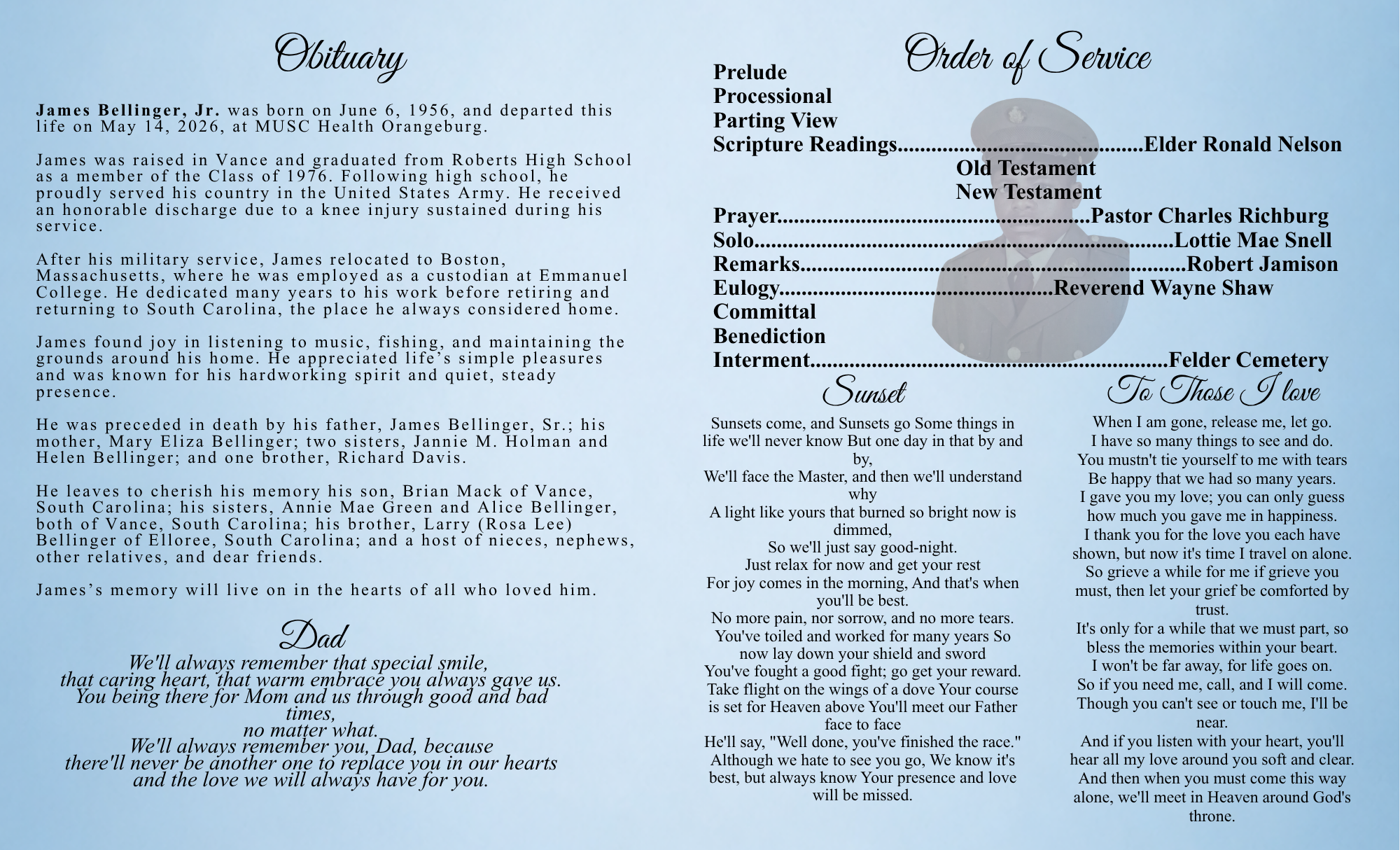 A light blue funeral program or memorial service bulletin with the title "Obituary" on the left page and "Order of Service" on the right page. It contains the obituary of James Bellinger, Jr., the order of service including scripture readings, a suns