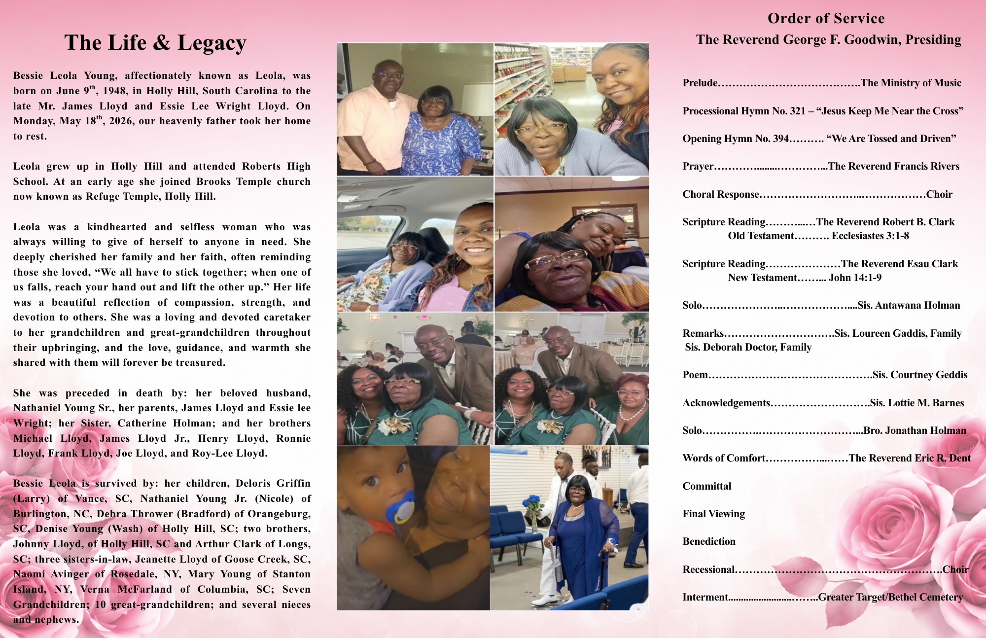 A memorial program for Bessie Leola Young features a pink floral background, black and pink text, and several photographs of family members at the event.