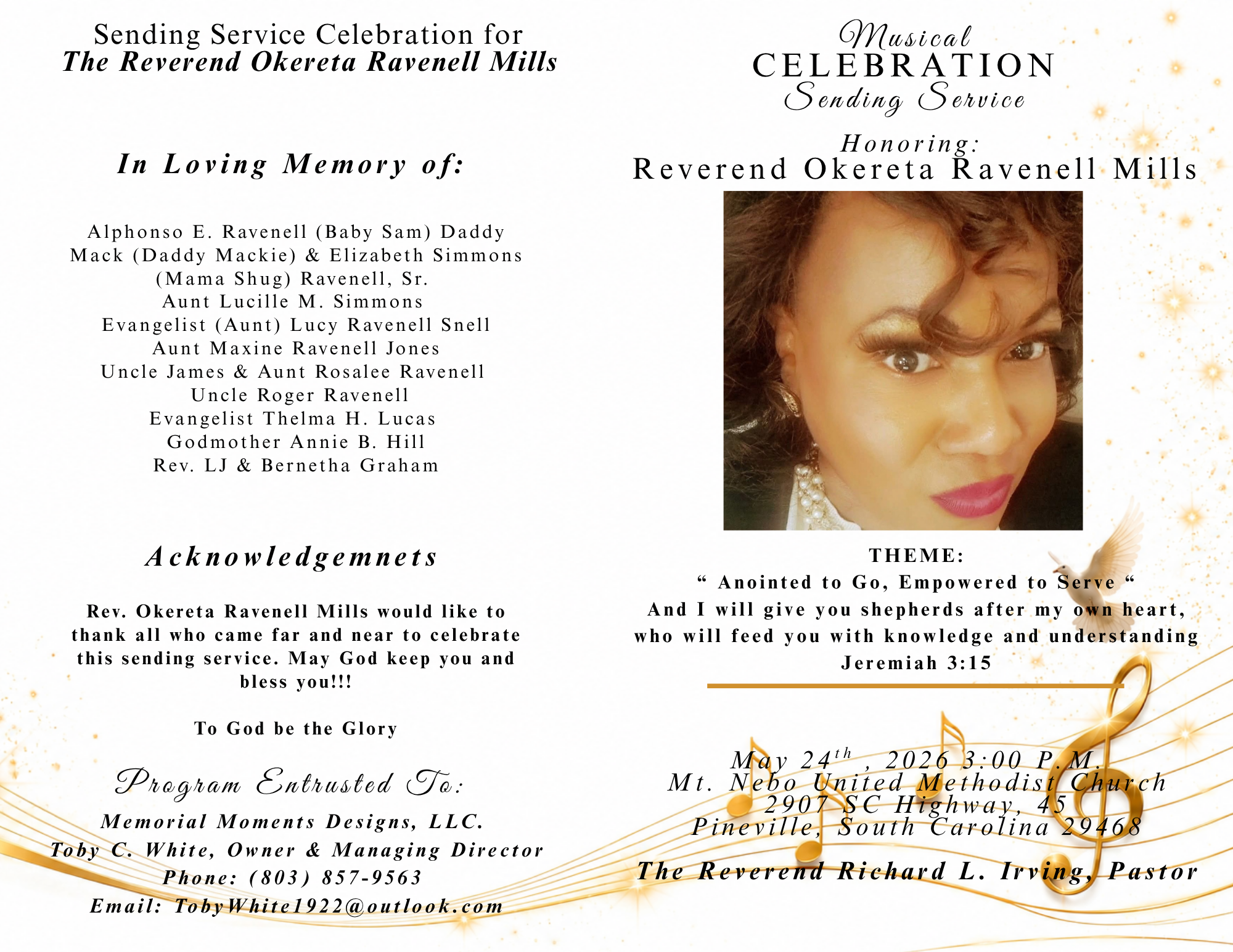 Celebration invitation with a photo of a woman with curly hair, gold star and musical note decorations, and event details including date, time, location, and acknowledgments.