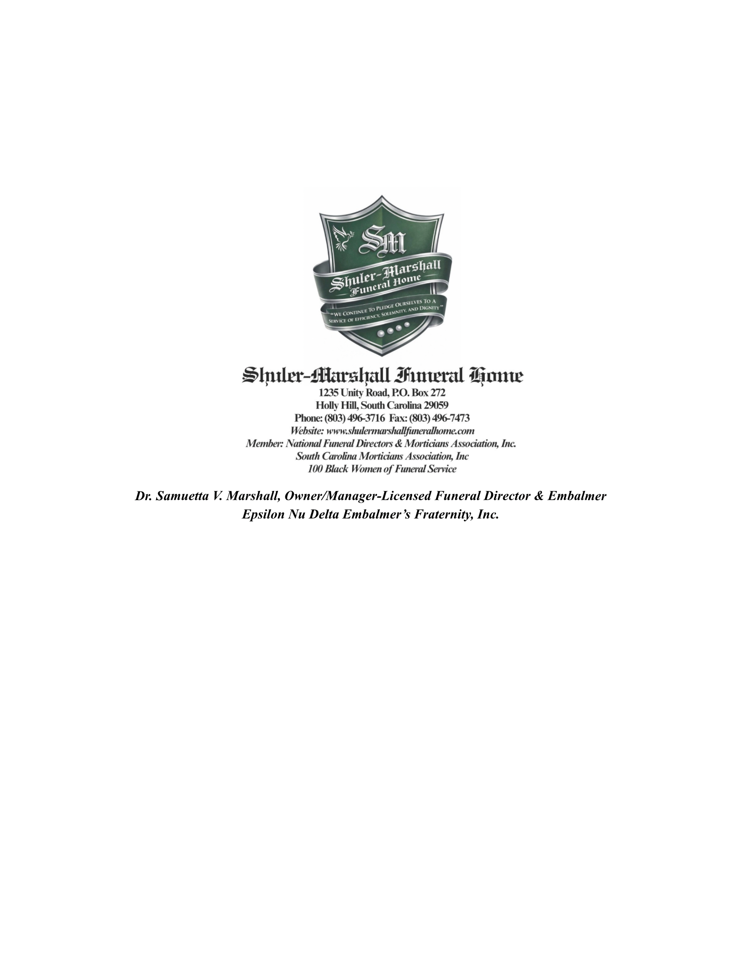 A logo of Shuler-Marshall Funeral Home with a shield shape, a ribbon banner, and contact information below.