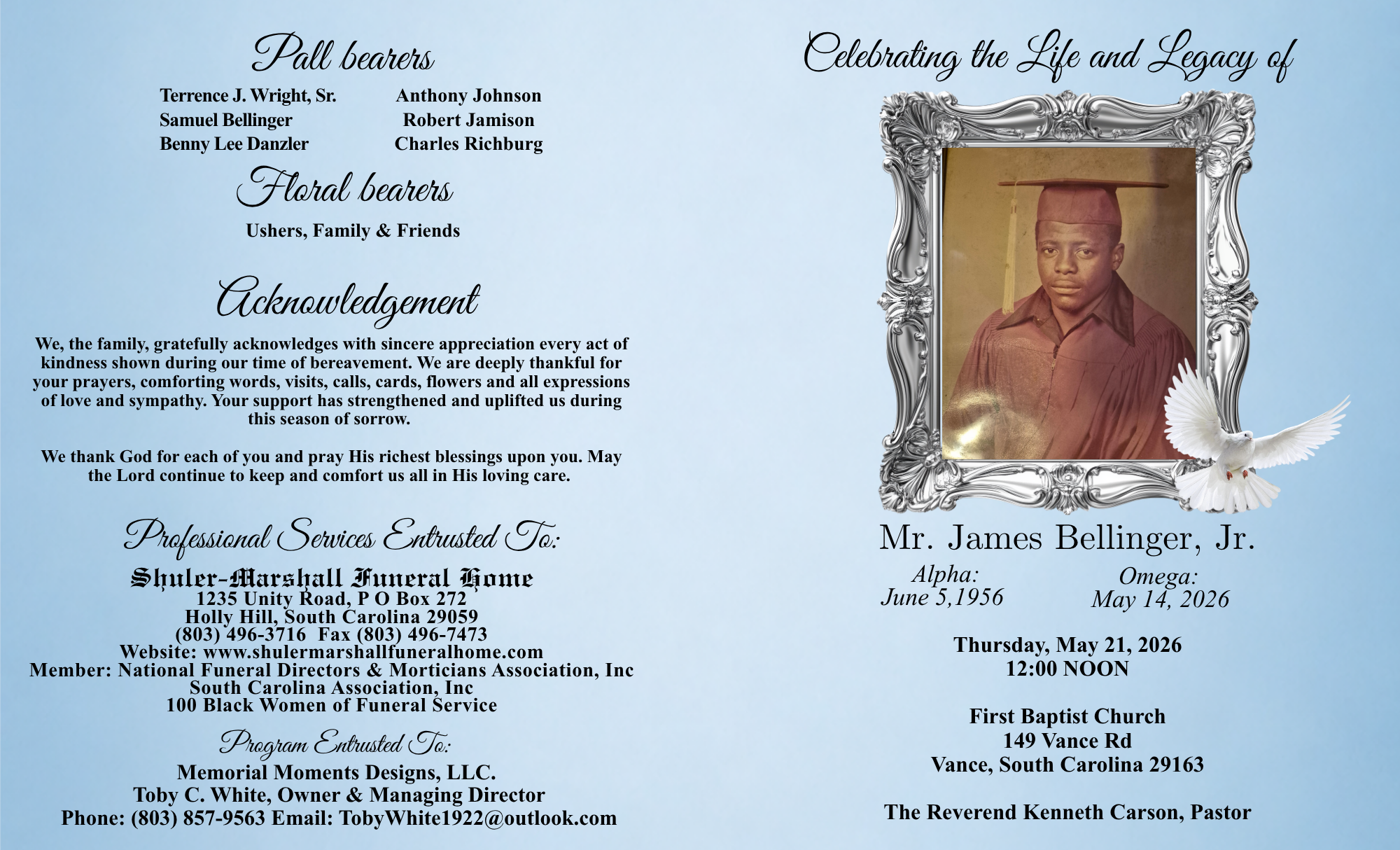 Memorial funeral announcement with a blue background. Features a black and white portrait of a young man in a graduation cap and gown, framed with an ornate silver border. Contains text about honoring Mr. James Bellinger Jr., with his birth date June