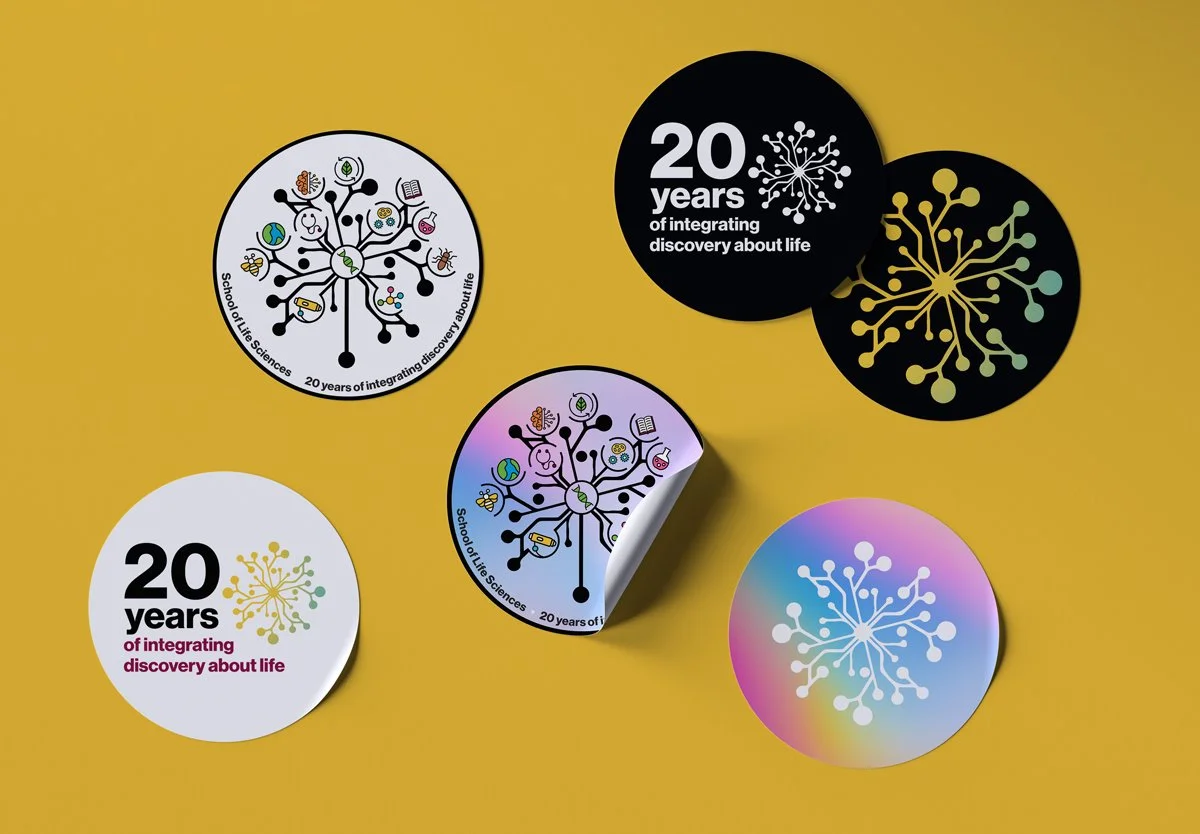Mockup of stickers with the SOLS 20th anniversary logo.