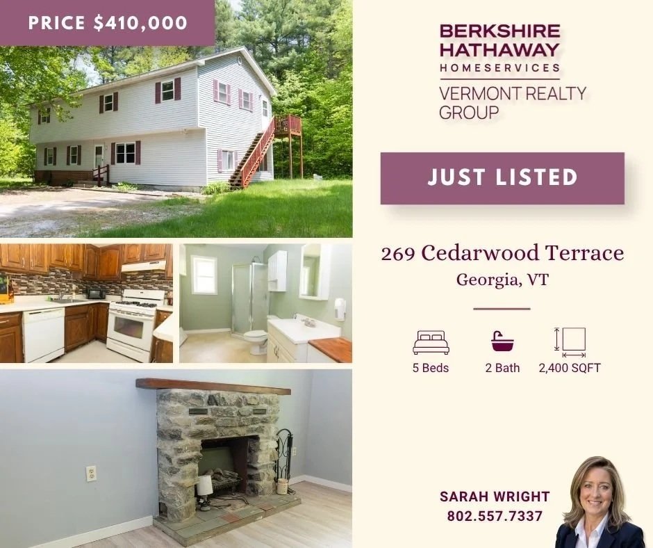 Real estate listing for a house at 269 Cedarwood Terrace, Georgia, VT, priced at $410,000. The listing includes photos of the exterior, kitchen, bathroom, and living room with a stone fireplace. The property has 5 bedrooms, 2 bathrooms, and 2,400 square feet, listed by Berkshire Hathaway Homeservices Vermont Realty Group, with Sarah Wright's contact number.