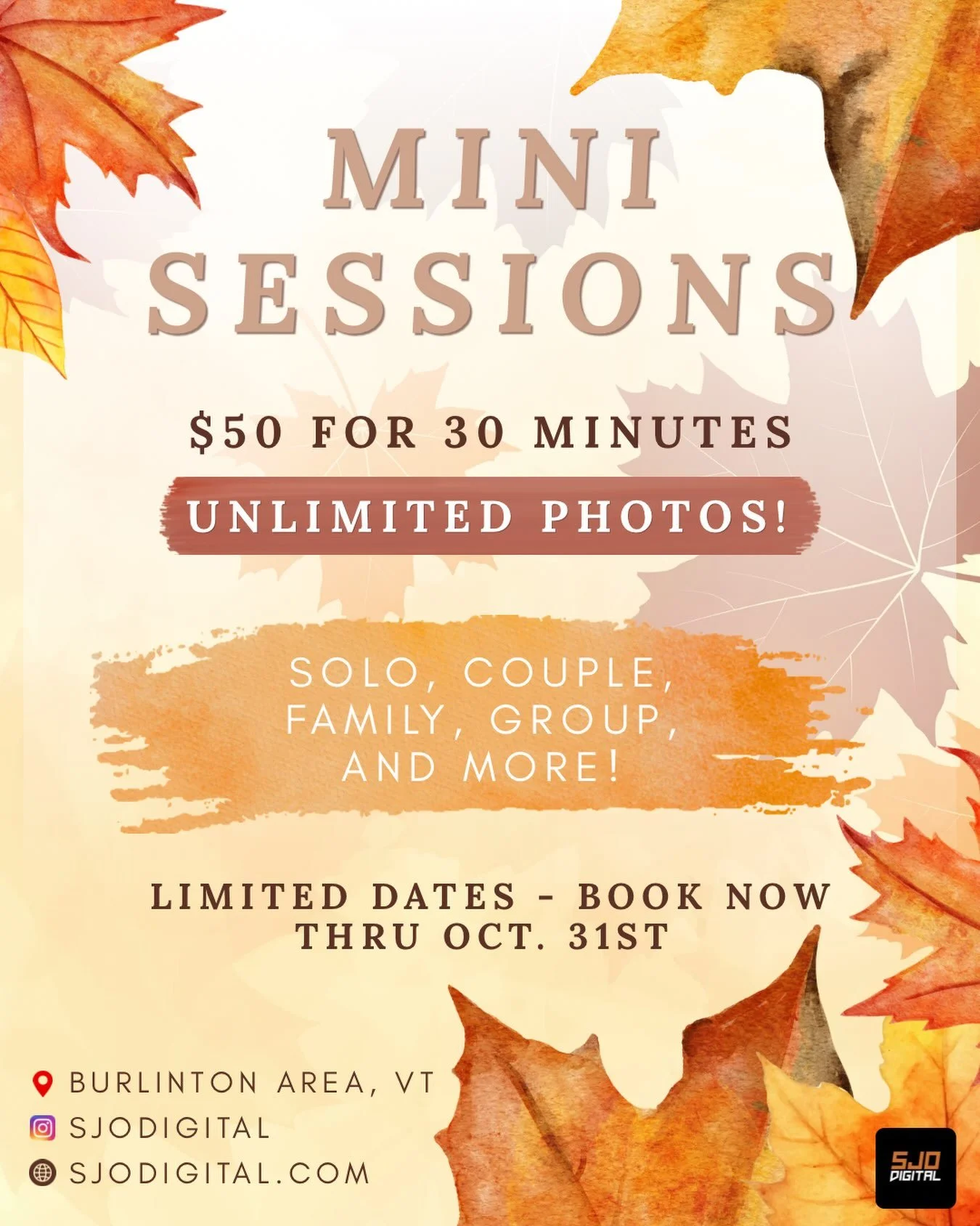 🍁Now booking Fall Mini Sessions! 📸

Limited spots available &mdash; book now thru October 31st! Perfect for solo portraits/senior photos, couples, families, groups, and more. 

Message me to book your session or for more details!