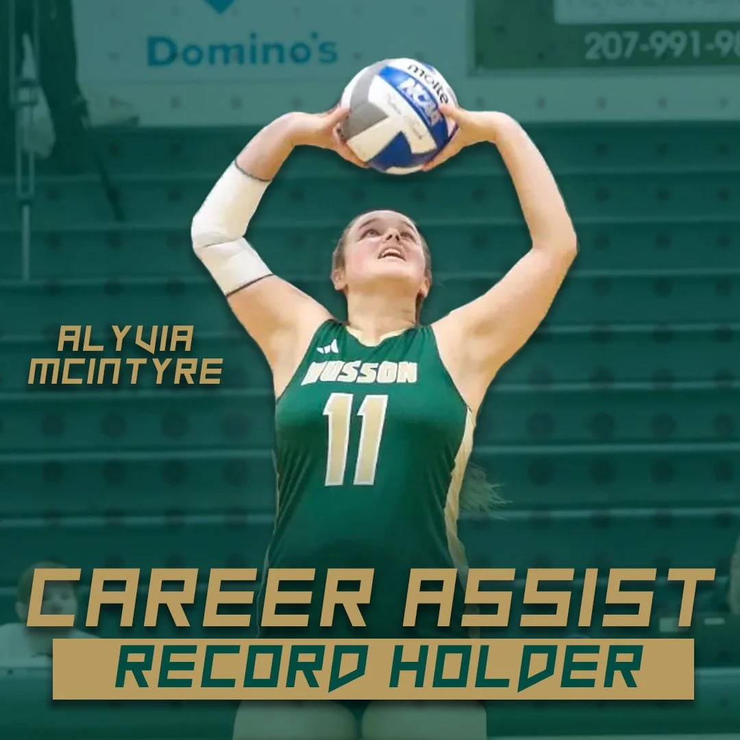 A female volleyball player in green jersey number 11, preparing to set the ball, with text indicating she is Alyia McIntyre, career assist record holder.