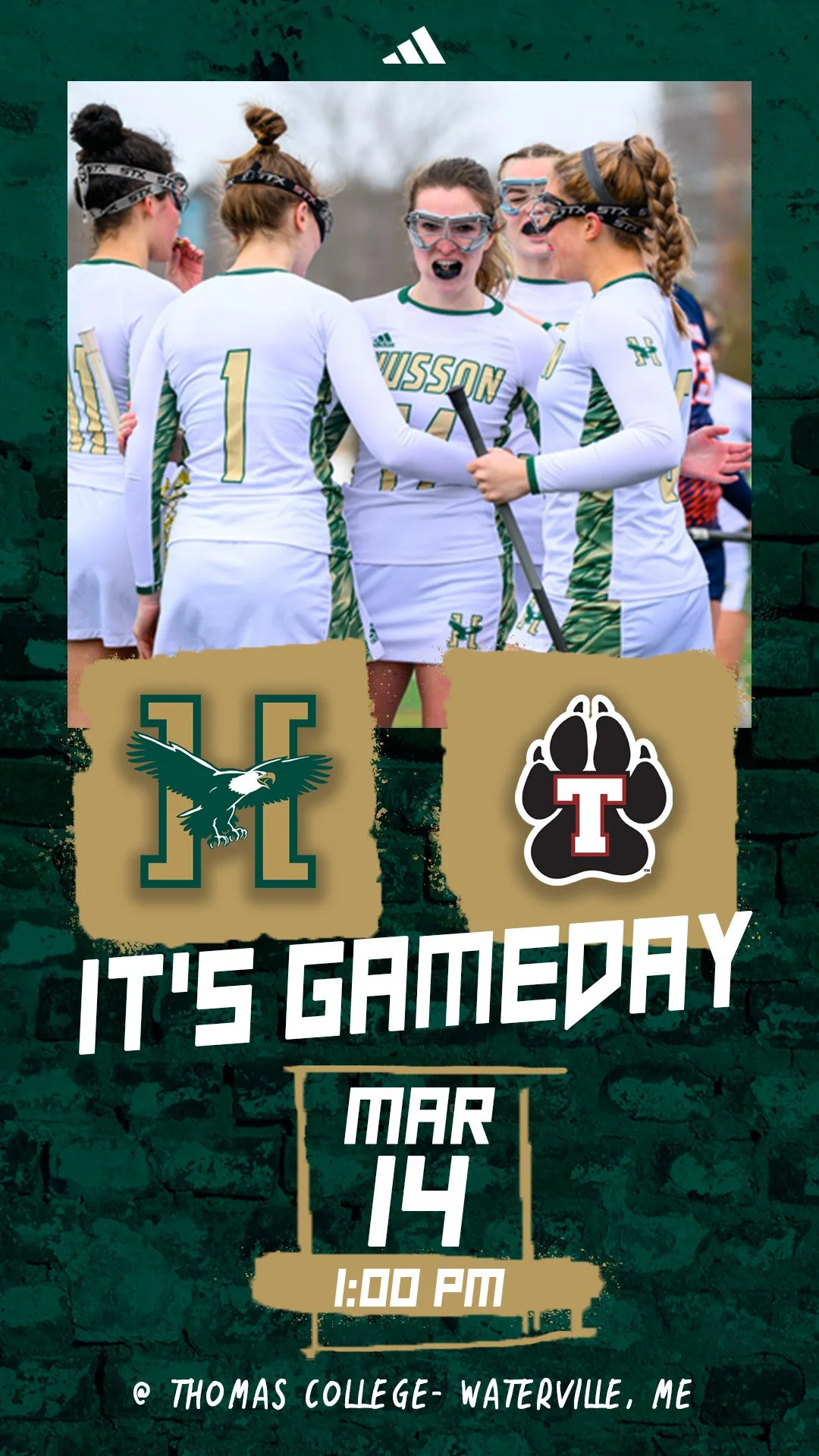 A group of girls in lacrosse uniforms having a team huddle on the field, with logos for USSN and T on their shirts, celebrating a game. The graphic overlay promotes a game between USSN and T, scheduled for March 14 at 1:00 PM at Thomas College in Wat