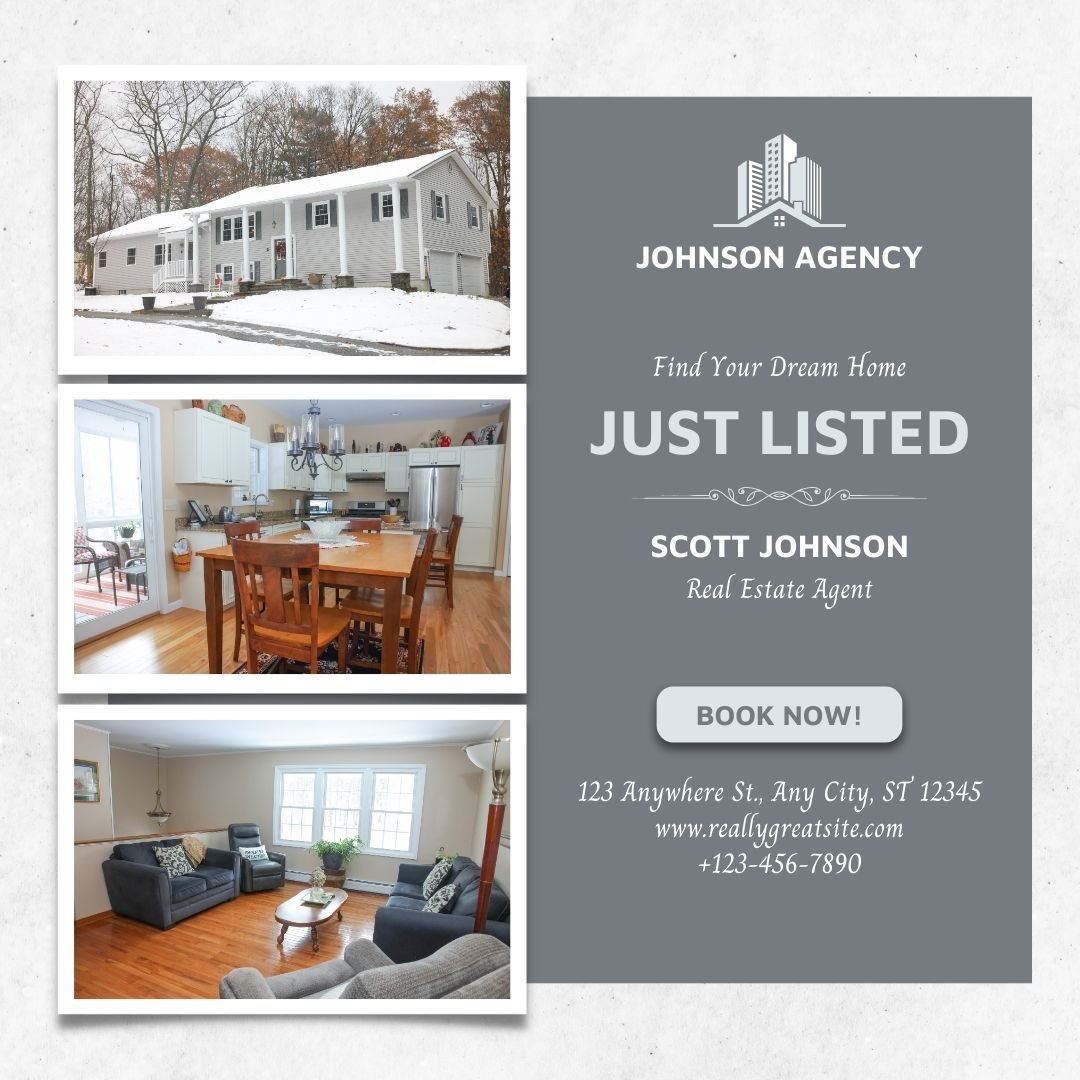 Real estate flyer showing three photos of a house, including an exterior snow-covered view, interior kitchen with dining area, and a living room with sofas, promoting a property listing for Johnson Agency with contact details.