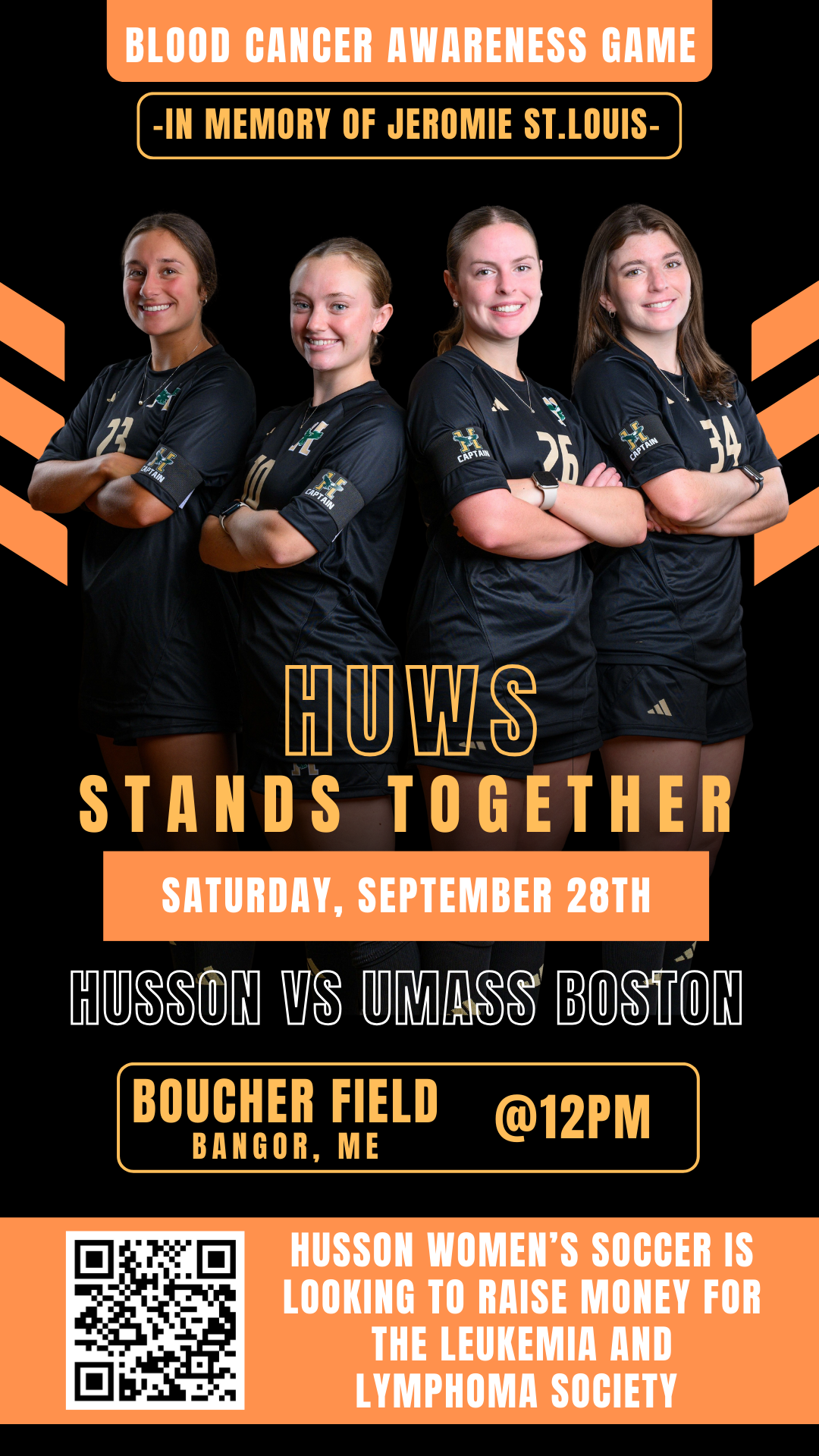 Promotional poster for a blood cancer awareness game in memory of Jerome St. Louis, featuring four young women in black sports jerseys, with event details for a game between Husson and UMass Boston on September 28th at Boucher Field, Bangor, ME, at 1