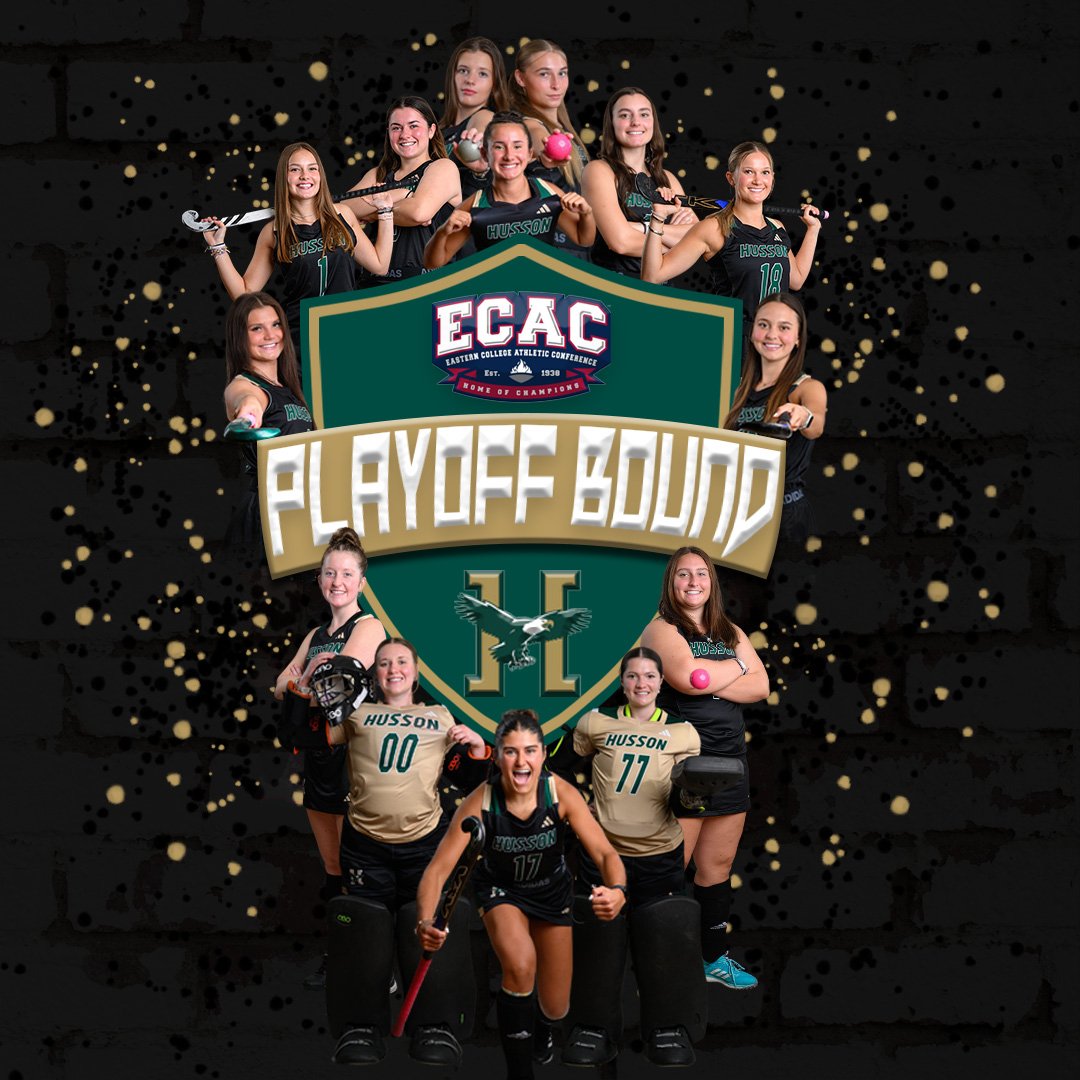 Group of female volleyball players, some holding volleyballs and hockey sticks, posing behind a large green shield with the text "ECAC Playoffs Bound" and an eagle logo for a team called Husson, celebrating their playoff qualification.