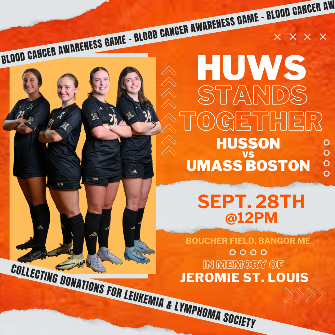 A digital poster promoting a blood cancer awareness game featuring four female soccer players in black uniforms. The event is on September 28th at 12 PM at Boucher Field in Bangor, Maine, in memory of Jeromie St. Louis, and is raising funds for leuke