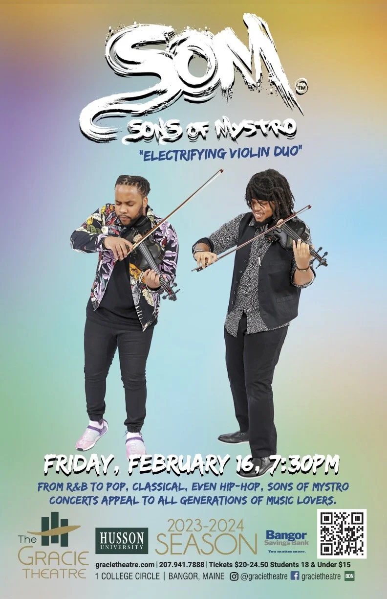 Poster for Sons of Mystro concert featuring two violinists, with event details and logos for local sponsors.
