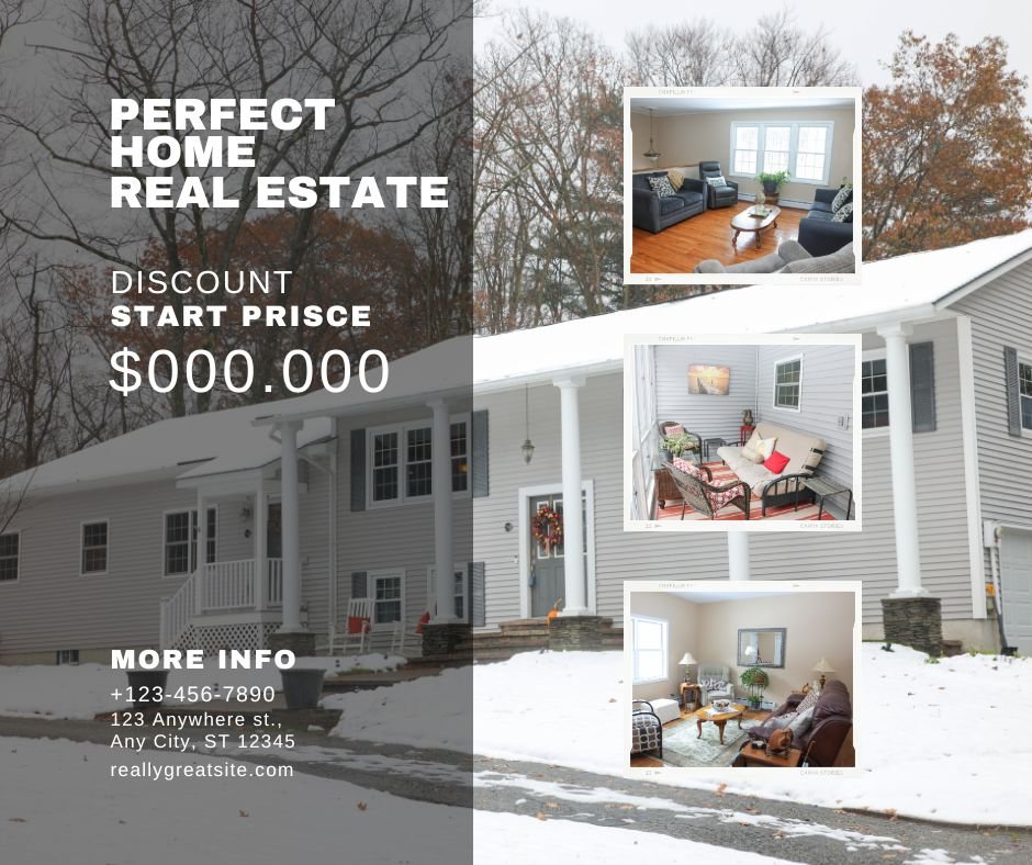 An advertisement for a real estate company called 'Perfect Home Real Estate' features a large house with white siding, surrounded by snow and trees with autumn foliage. Inside the ad, three images show the interior of the house: a living room with gr
