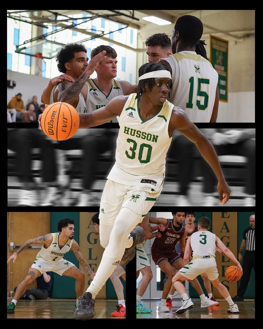 Collage of basketball players in action, wearing Husson University jerseys and competing in a game.
