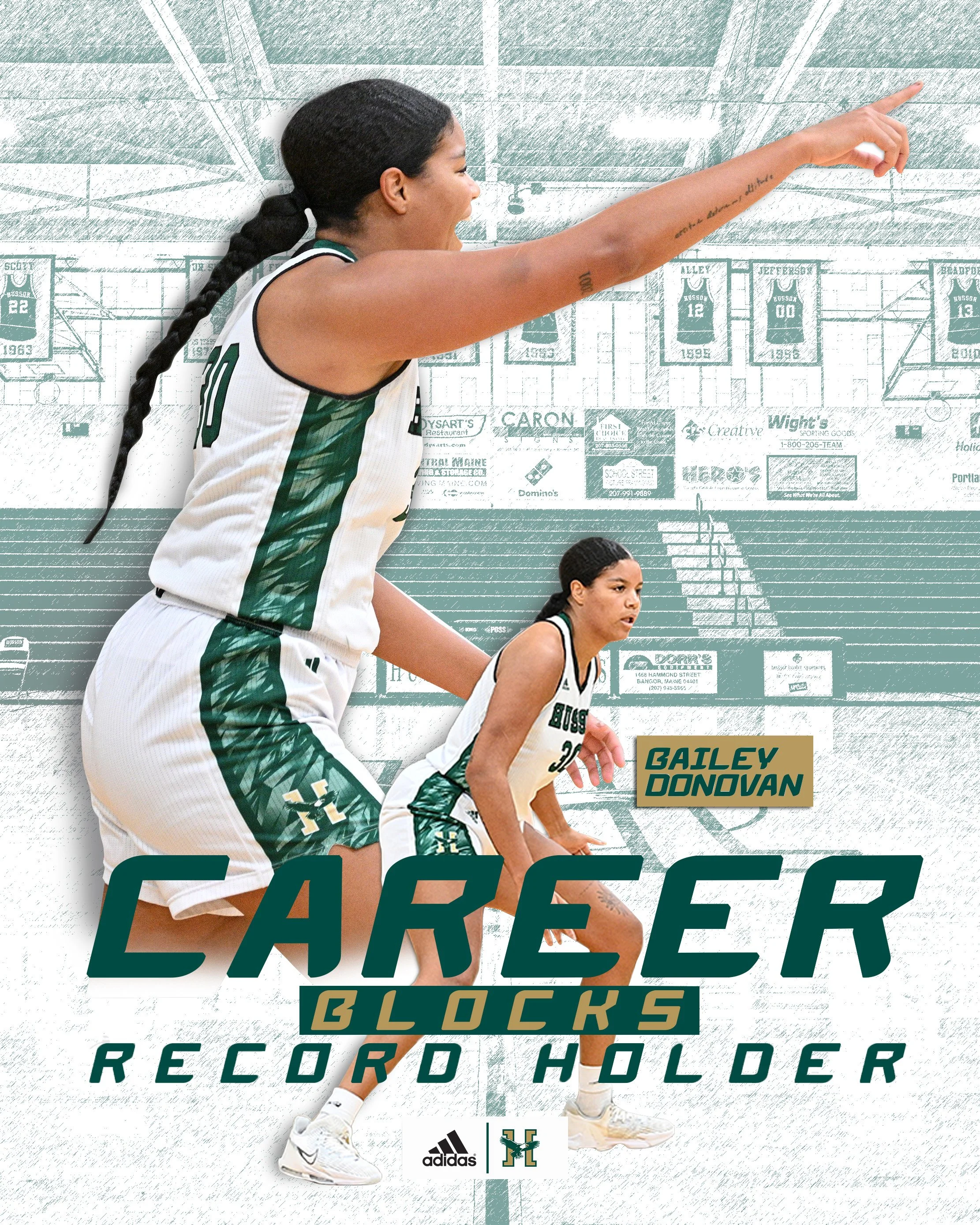 A female basketball player in a white and green uniform with the number 11, celebrating during a game, pointing upward with her right arm extended. Behind her is a basketball court with banners and advertisements, and another player in a similar unif