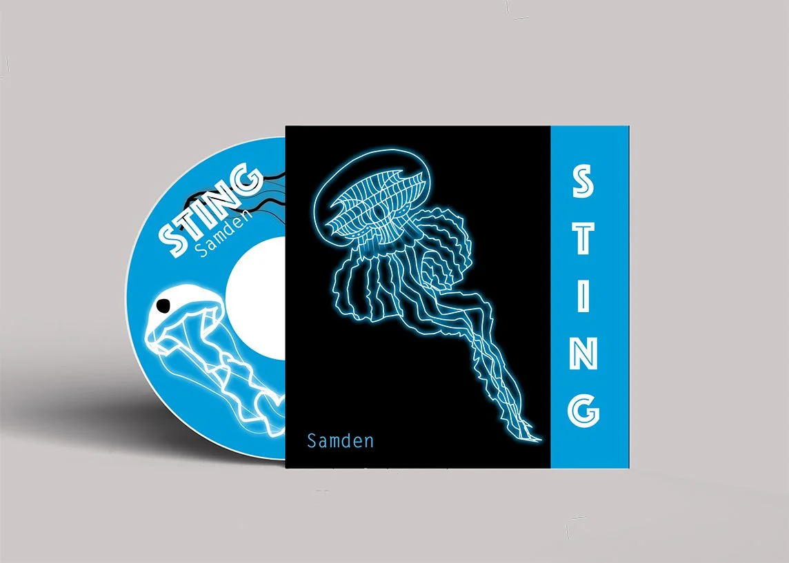 CD and album cover for Samden's "Stinging" featuring a neon blue jellyfish on a black background with the title "Stinging" and the artist's name "Samden".