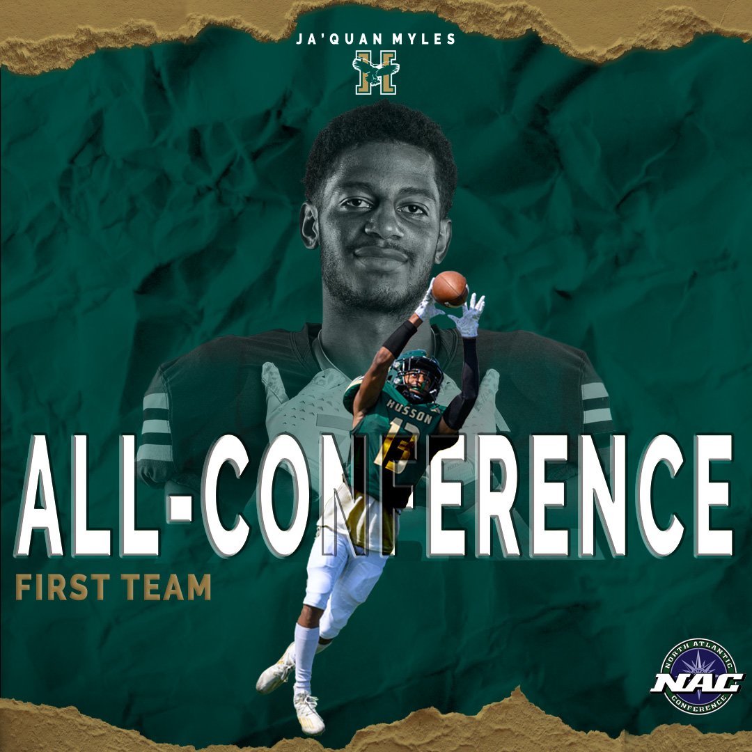 Graphic celebrating Ja'Quan Myles as First Team All-Conference, featuring a large portrait of him and a smaller football action shot in front, with North Atlantic Conference logo in the bottom right corner.
