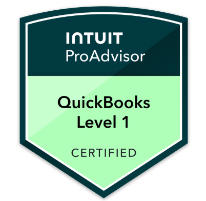 Intuit ProAdvisor badge for QuickBooks Level 1 Certified.